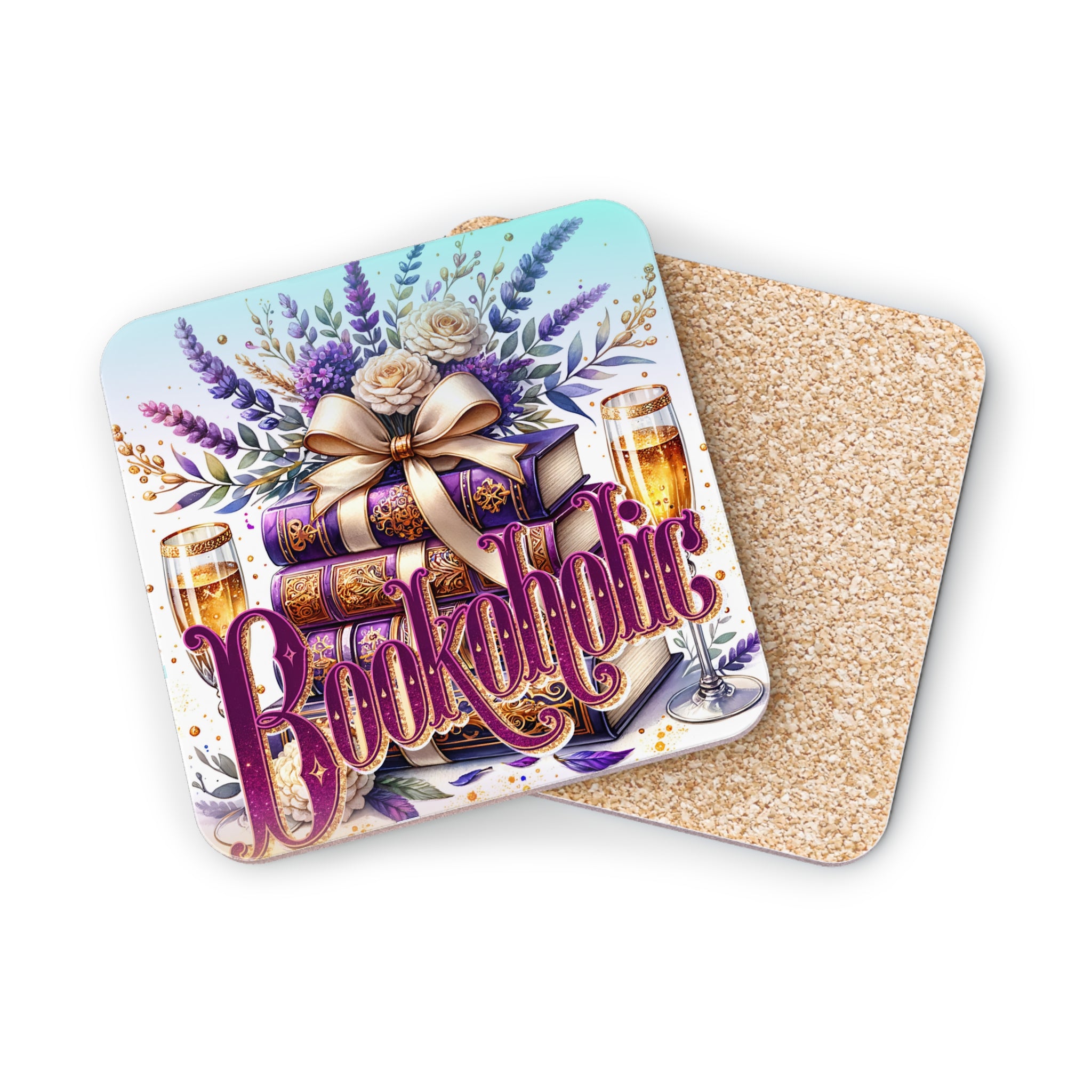 Stacked antique books with ribbon and champagne glasses, "Bookaholic" text.