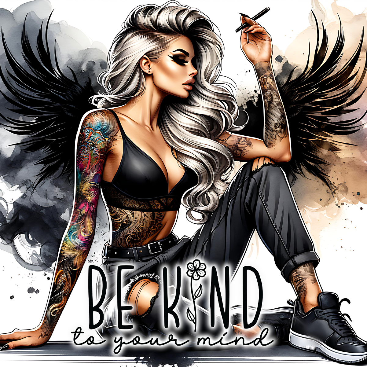 Woman with tattoos and black wings, holding a cigarette, "BE KIND to your mind" text.