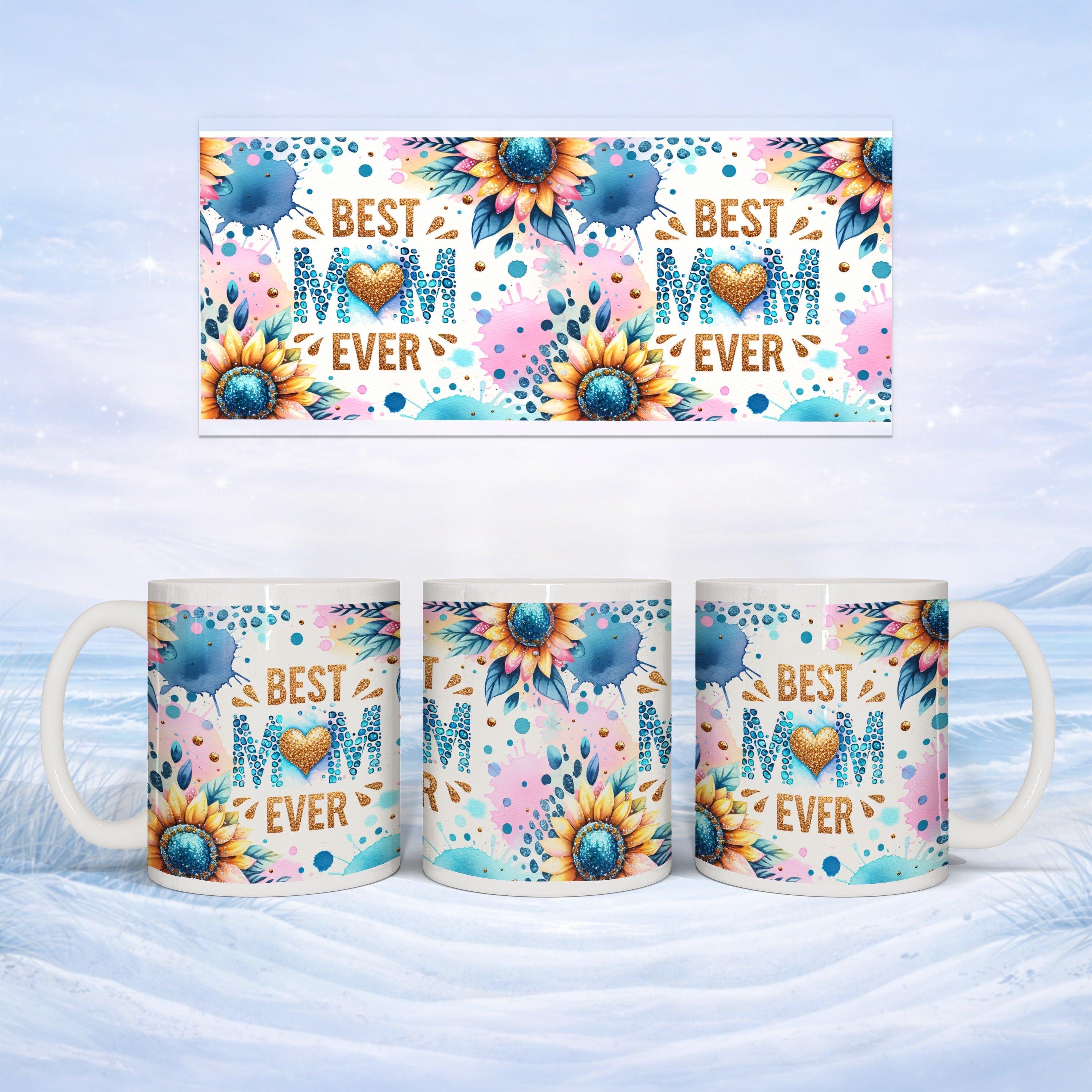 Mug with "Best Mom Ever" and sunflower design on blue, pink, and gold background.