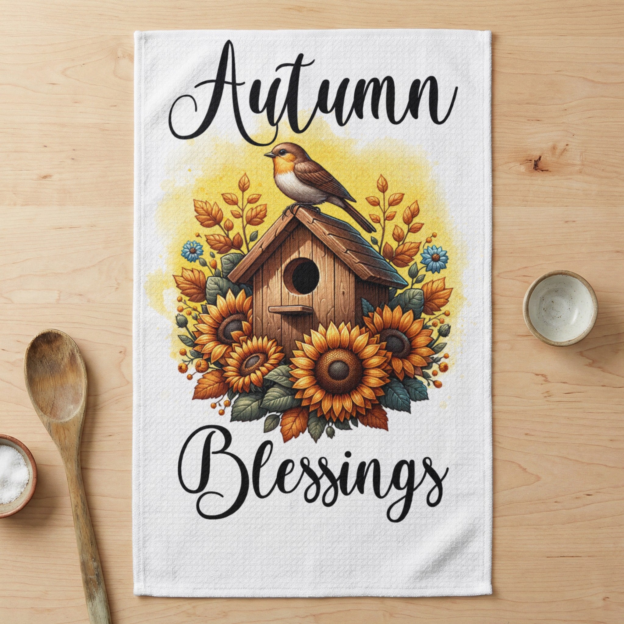Towel with sunflowers, birdhouse, and "Autumn Blessings" text.