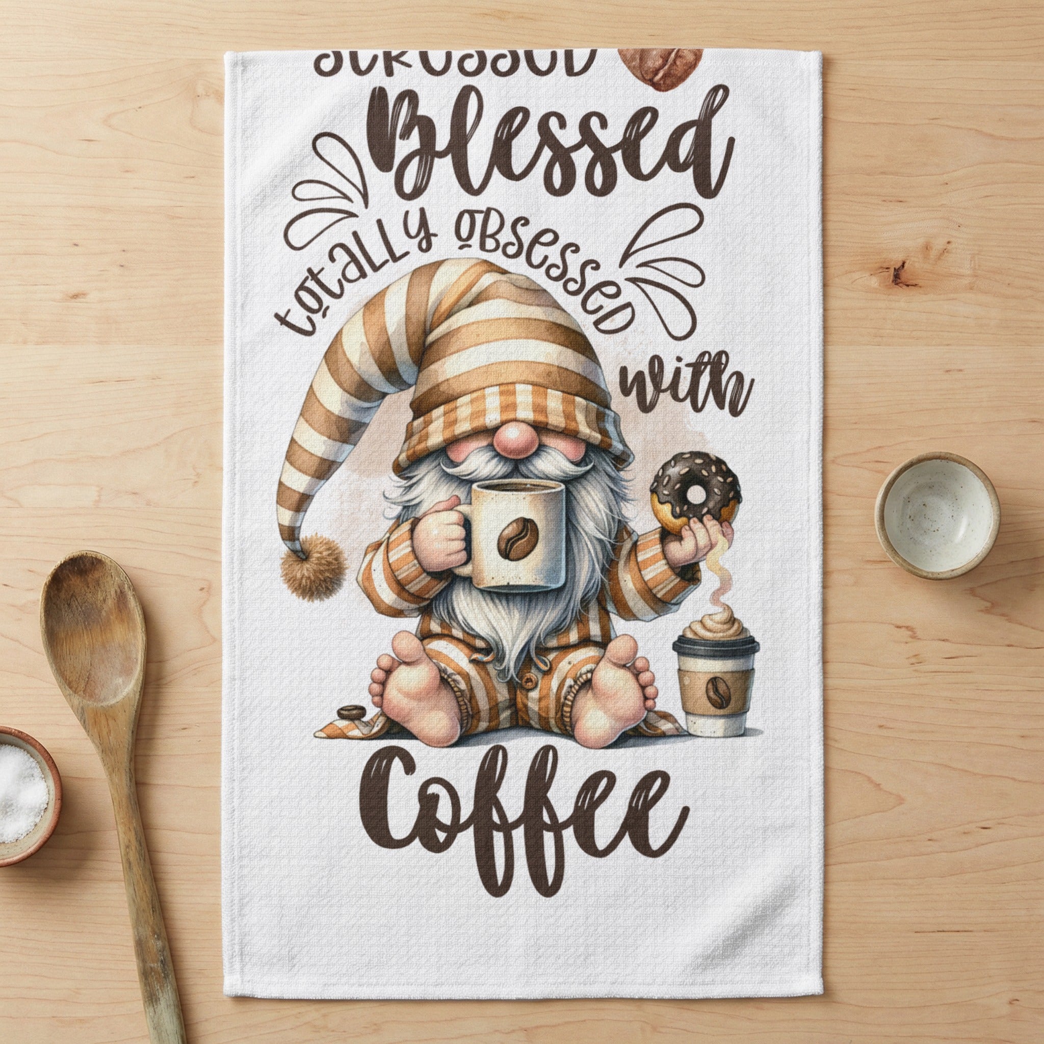 Gnome in pajamas holding coffee and donut, "Totally Blessed with Coffee".