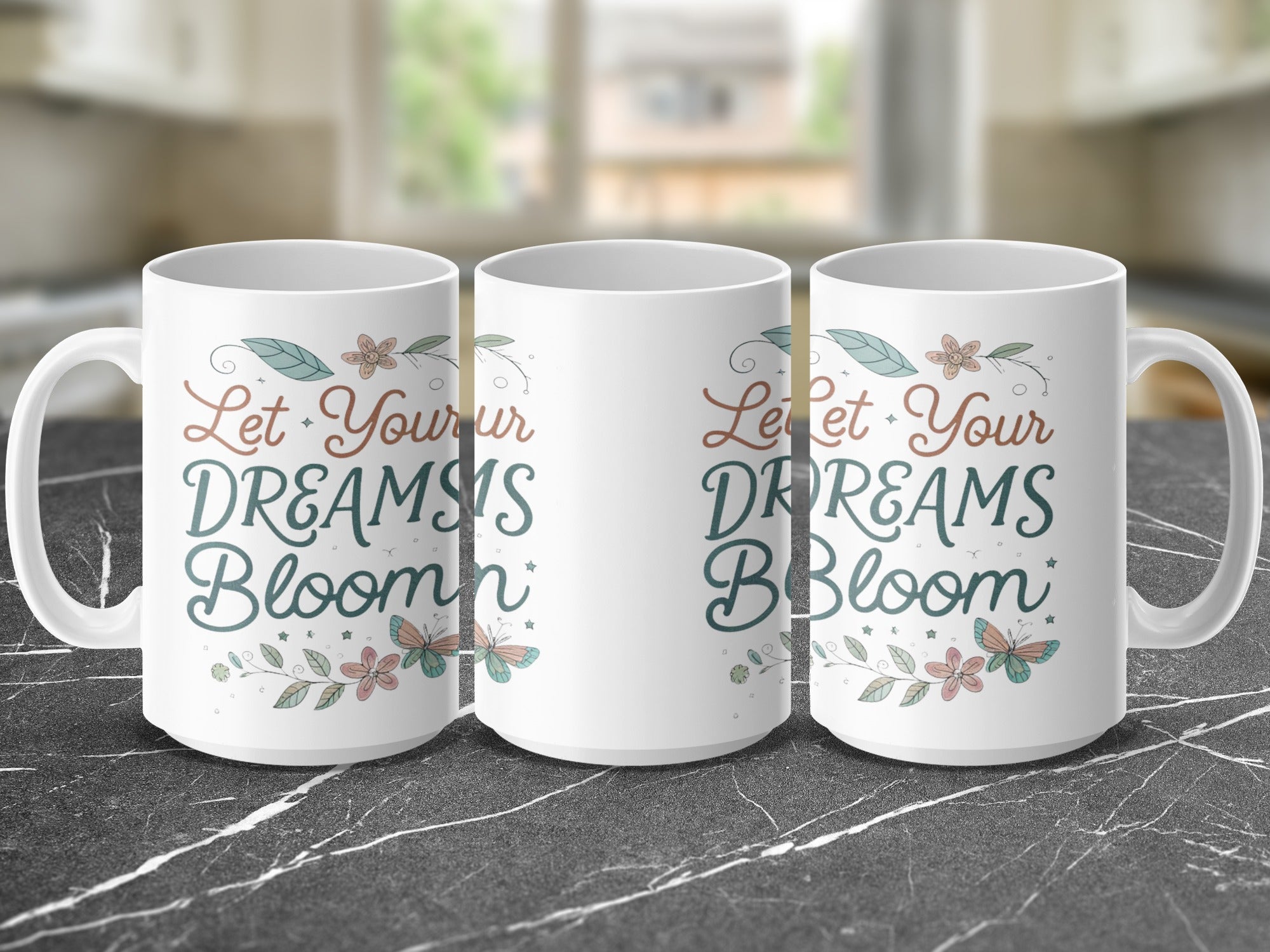 White mug with "Let Your Dreams Bloom" text and floral accents.