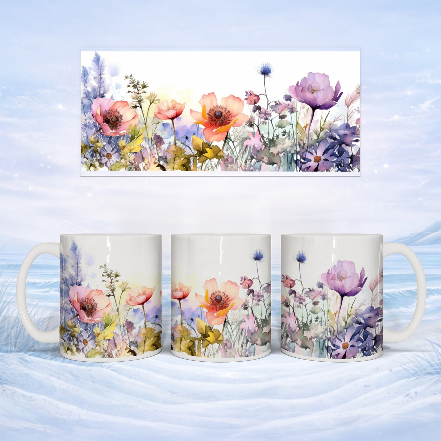 Mug with watercolor wildflowers and green foliage on blue icy background.