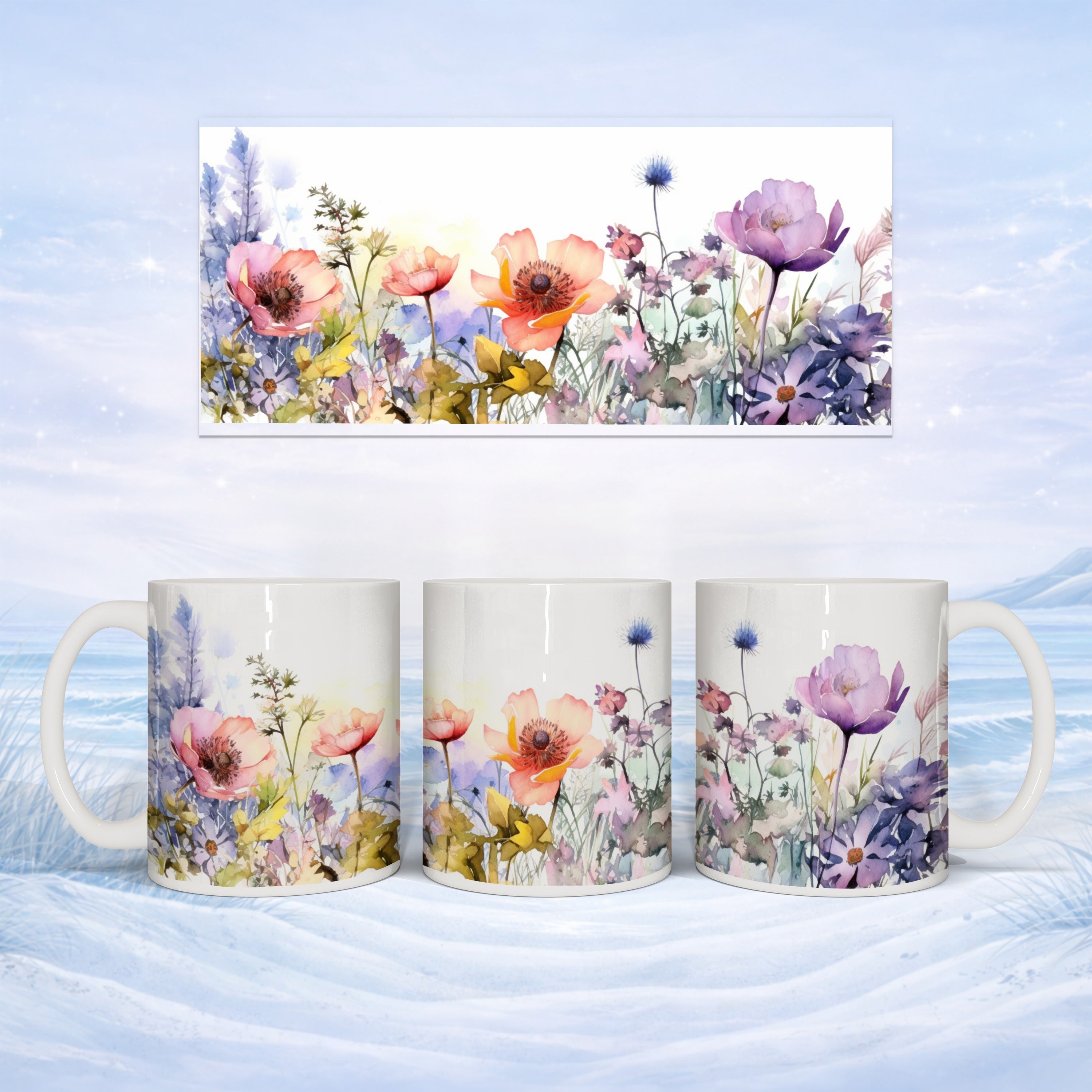 Mug with watercolor wildflowers and green foliage on blue icy background.