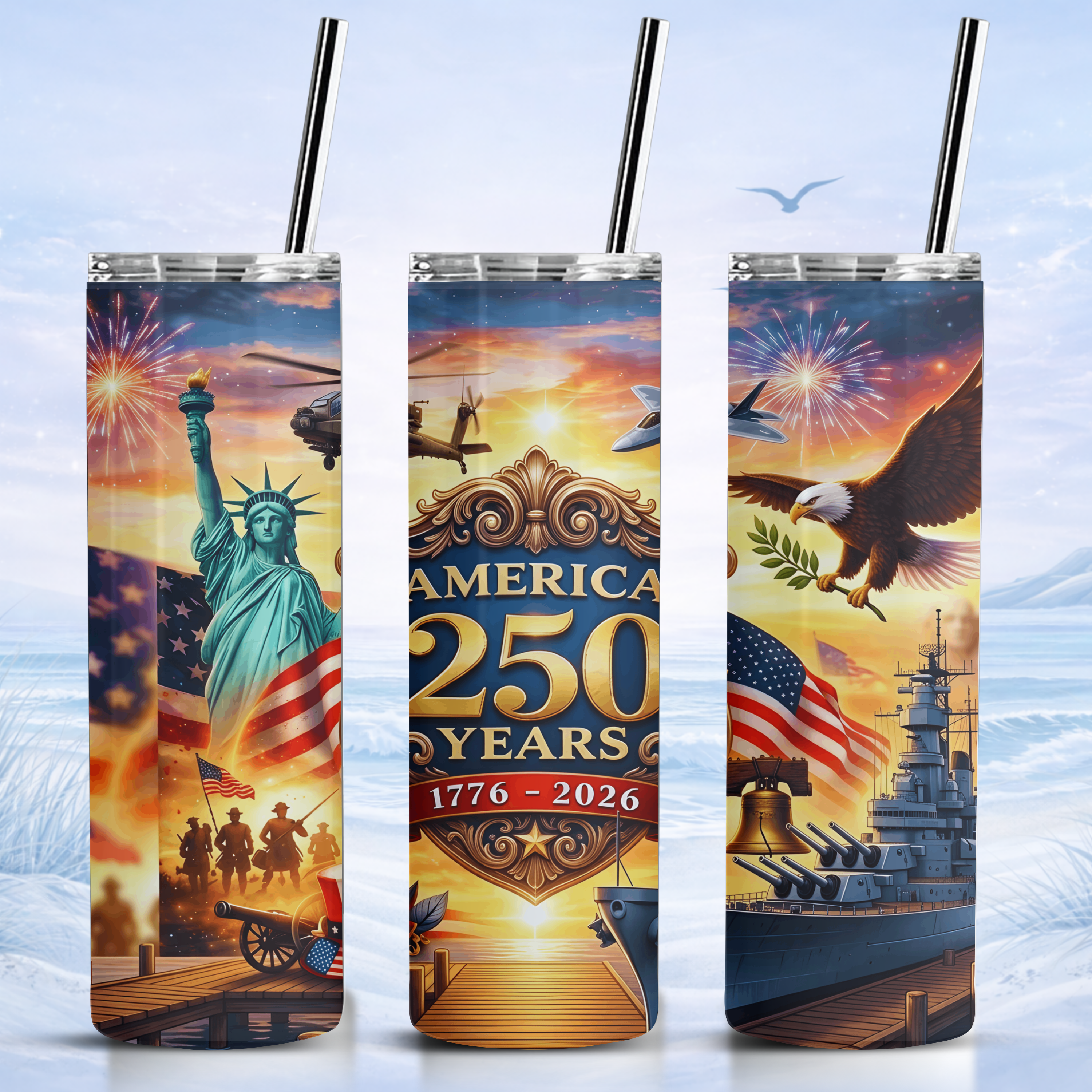 USA 250 anniversary tumbler 1776 2026 patriotic American flag eagle design