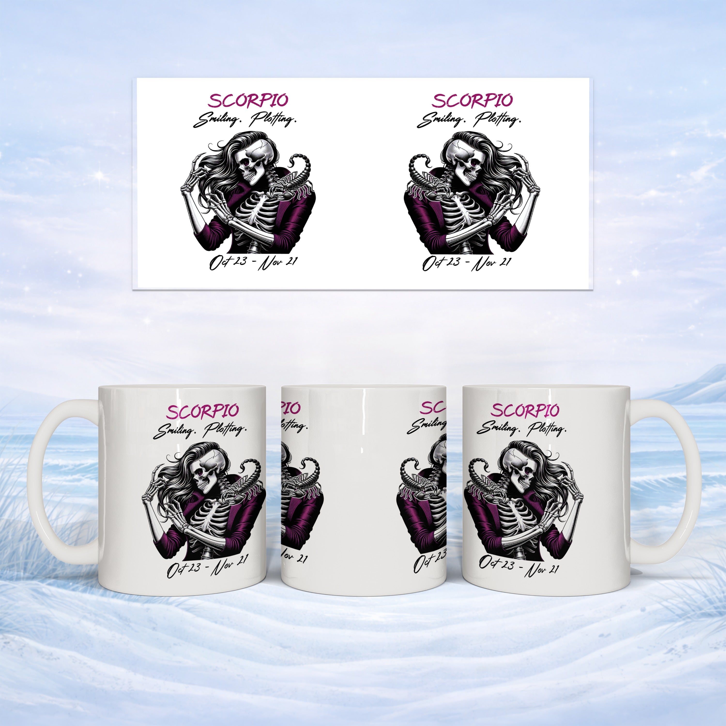 Scorpio mug featuring a skeletal figure with text "Smiling. Plotting."