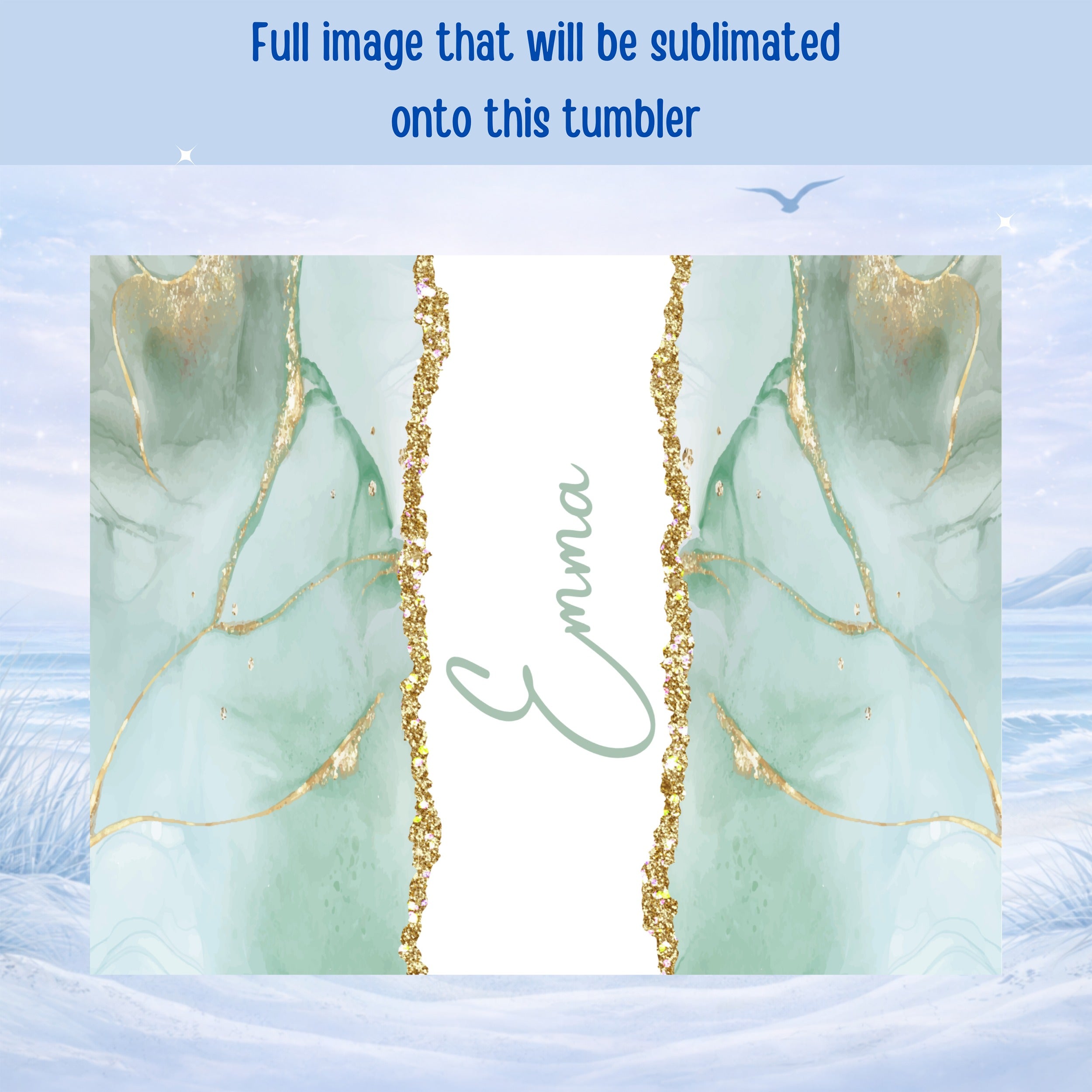 Green marble with gold accents and the name "Emma" on a sublimation tumbler.
