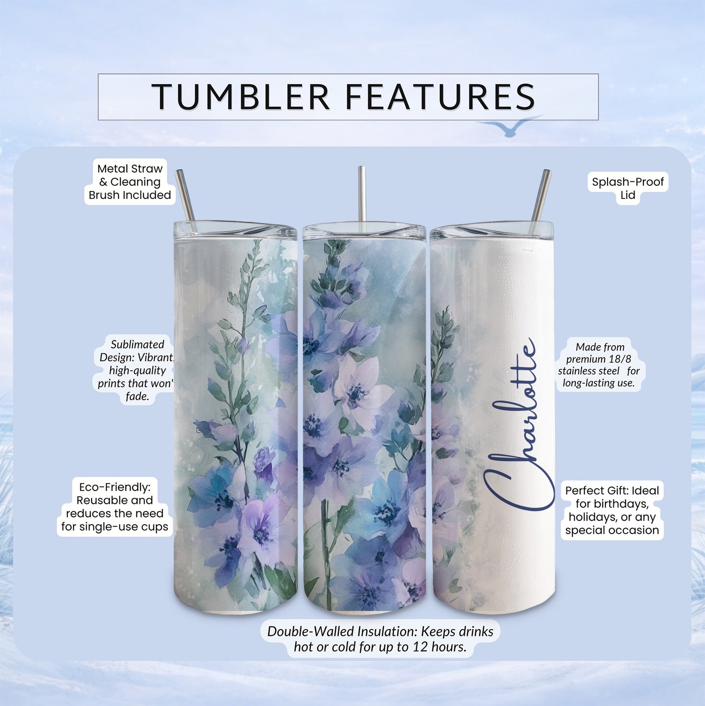 Watercolor floral tumbler with "Charlotte" script, showing features like metal straw and insulation.