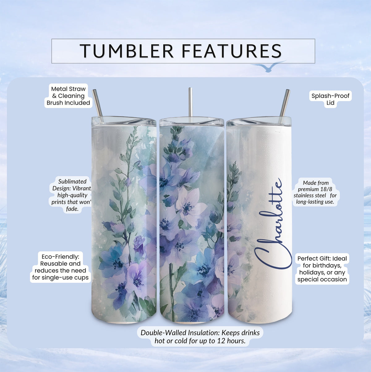 Watercolor floral tumbler with "Charlotte" script, showing features like metal straw and insulation.