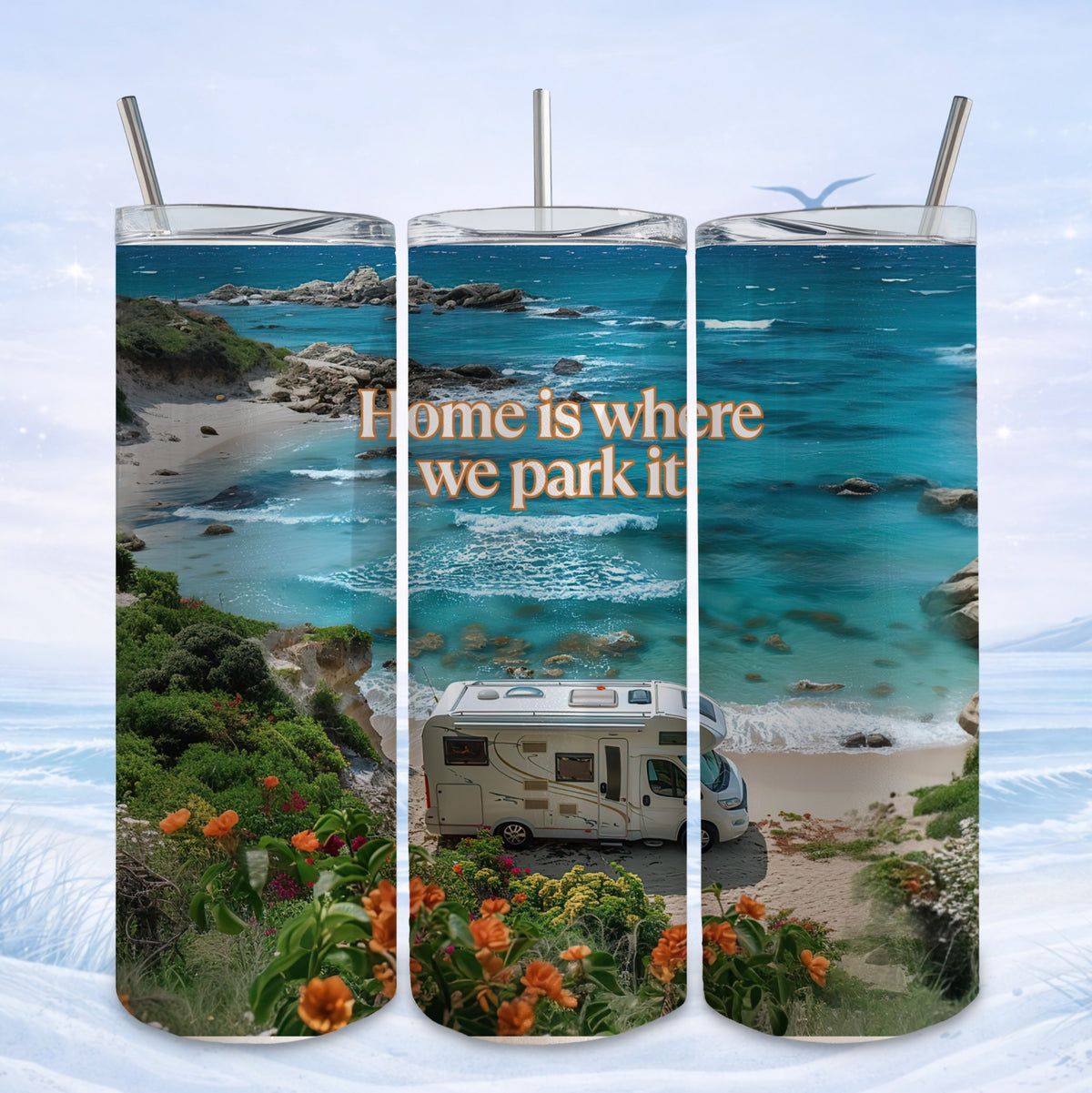Camper van on beach with "Home is where we park it" text.