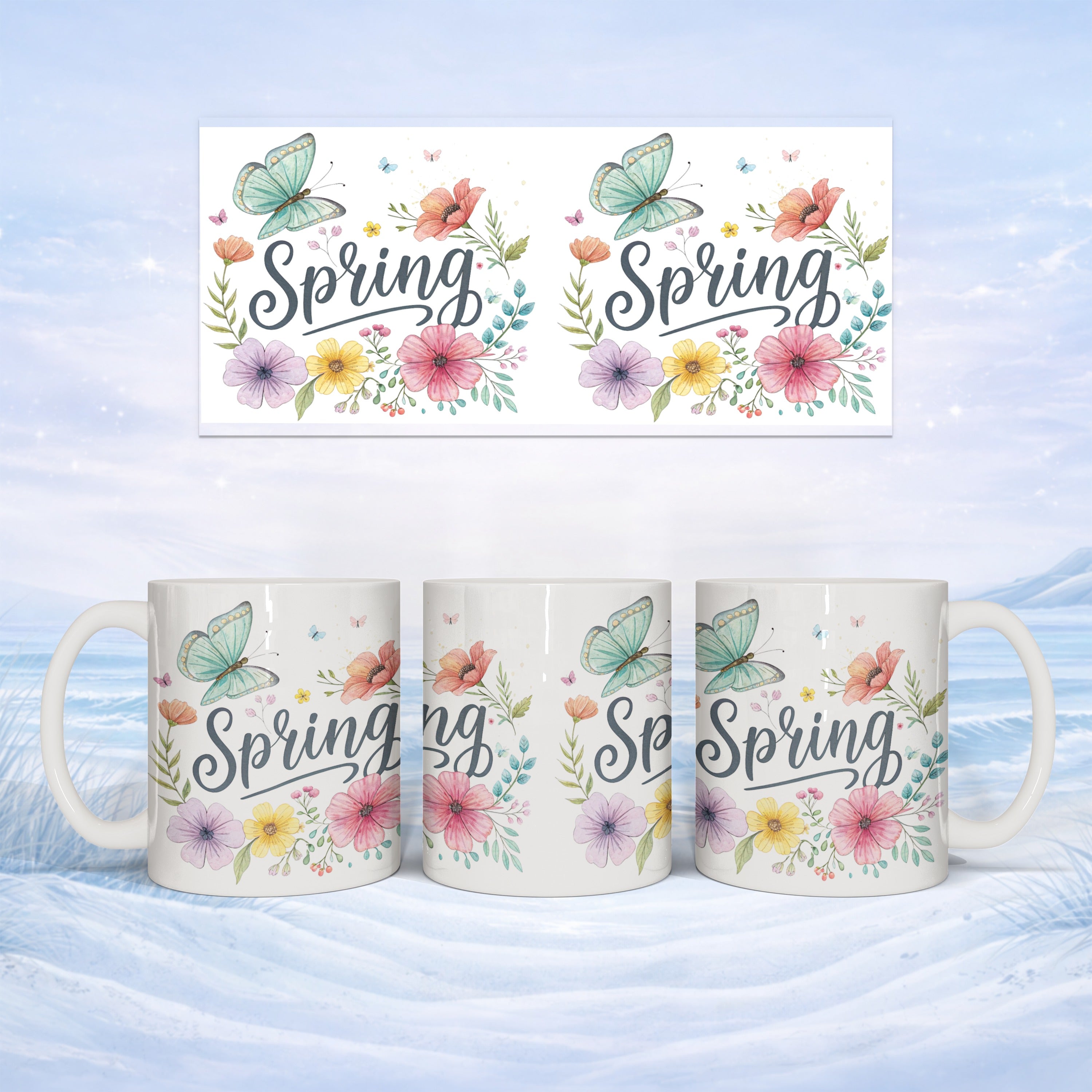 Two mugs and a separate design display "Spring" with floral and butterfly accents.