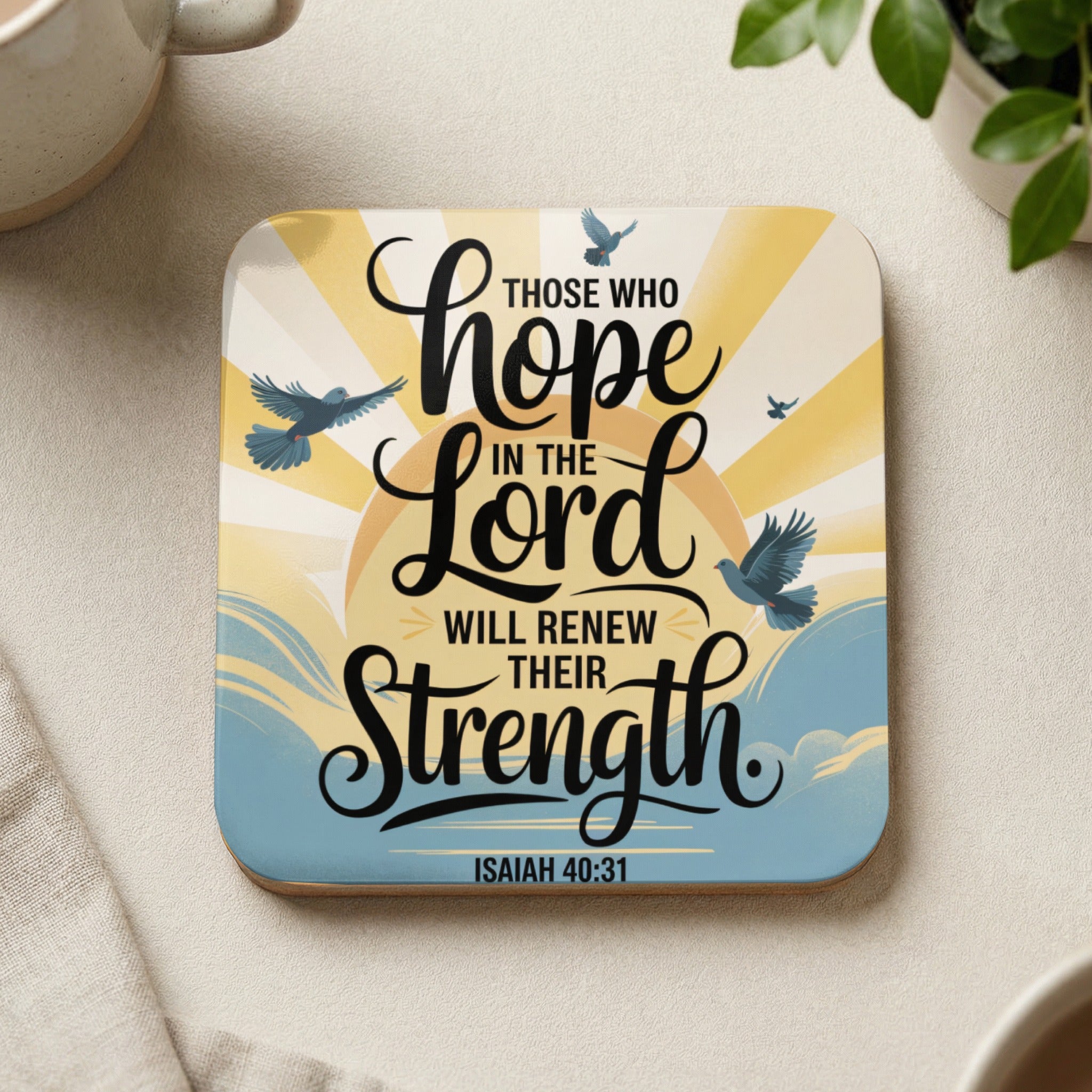 Coaster with "hope in the Lord will renew their strength Isaiah 40:31" text and birds.