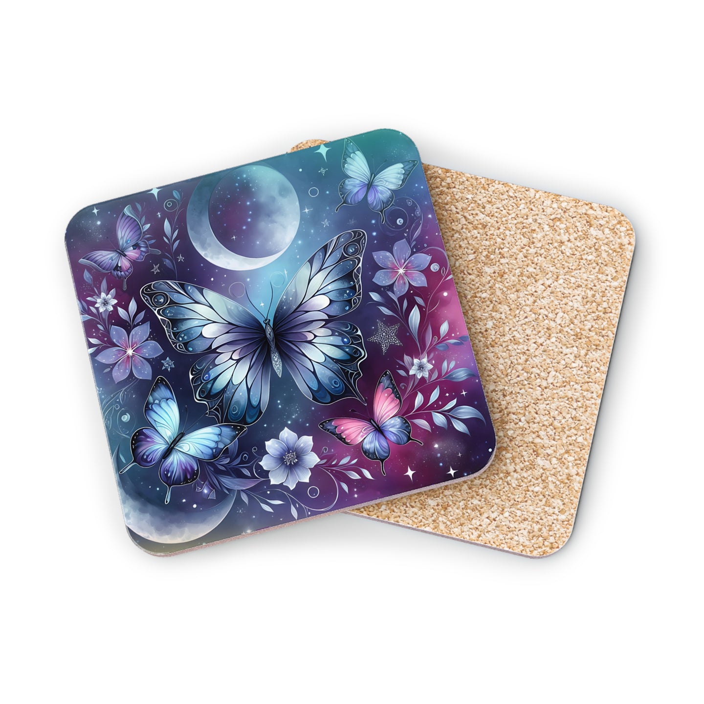Coaster with blue and purple butterfly, moon, and starry night design.
