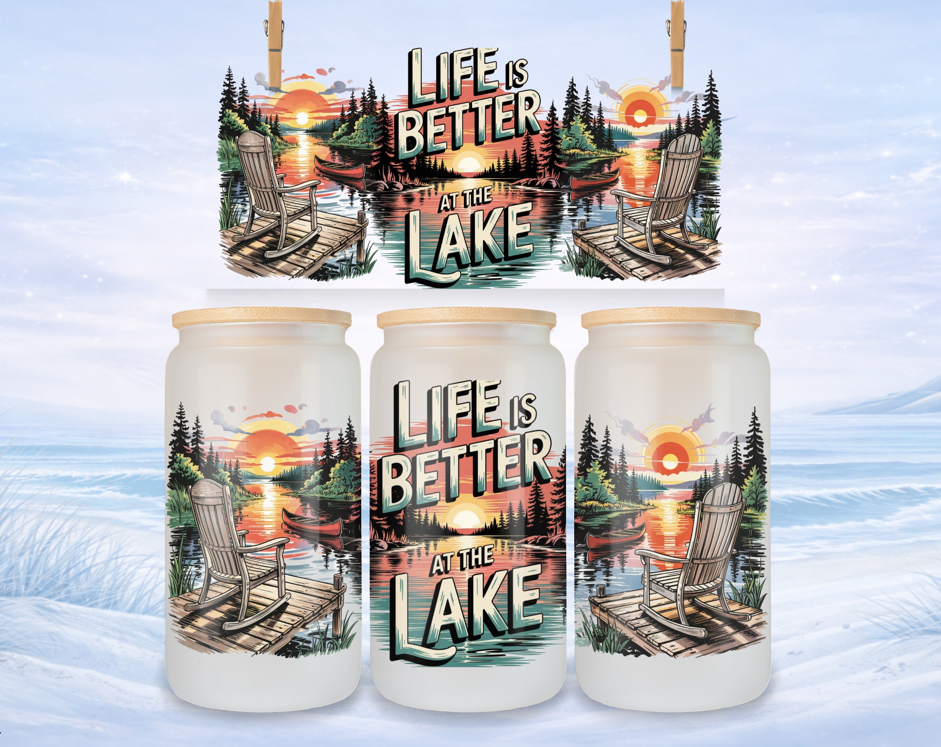 Three frosted glass tumblers featuring a "Life is Better at the Lake" sunset scene.