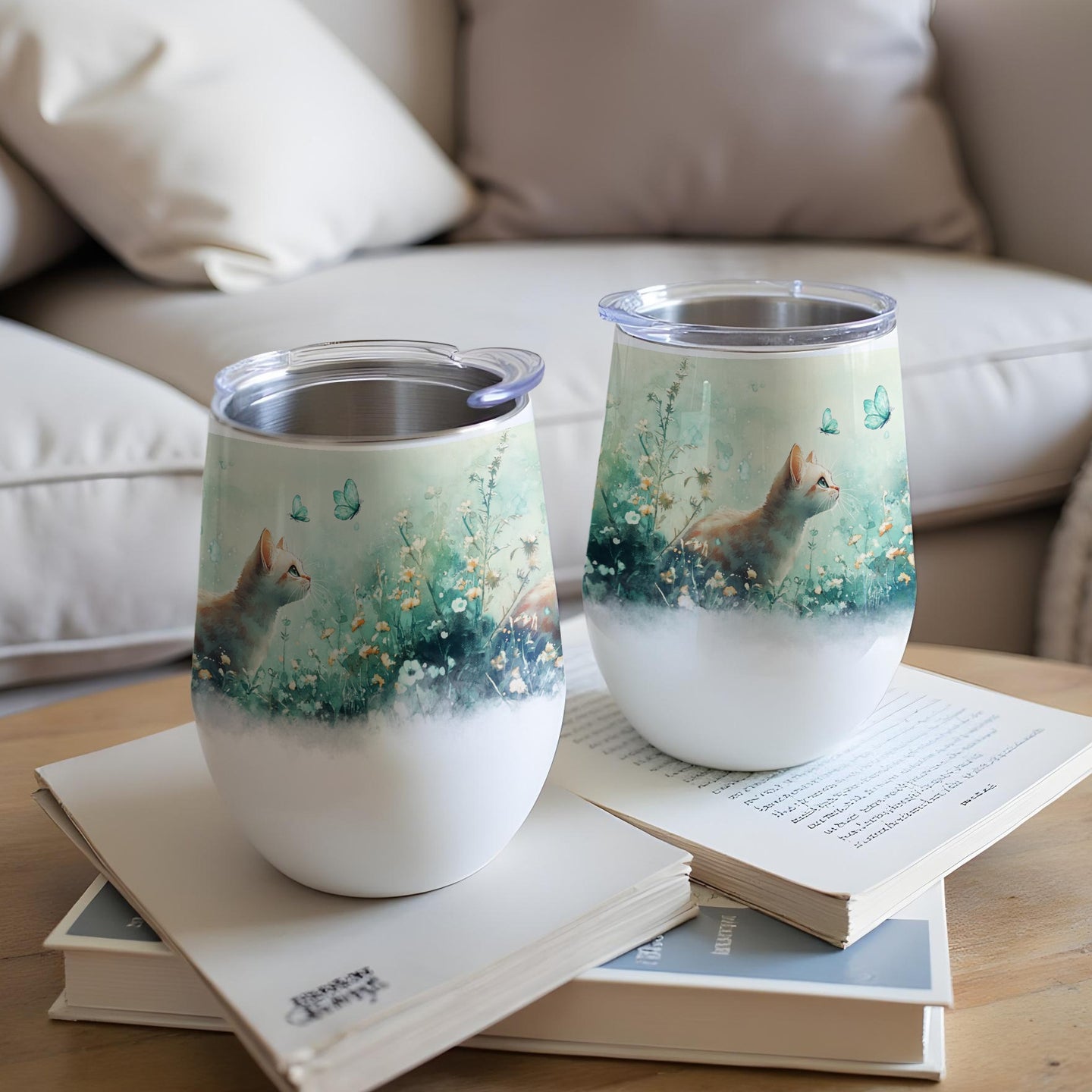 Two white tumblers with a watercolor cat and butterfly design.
