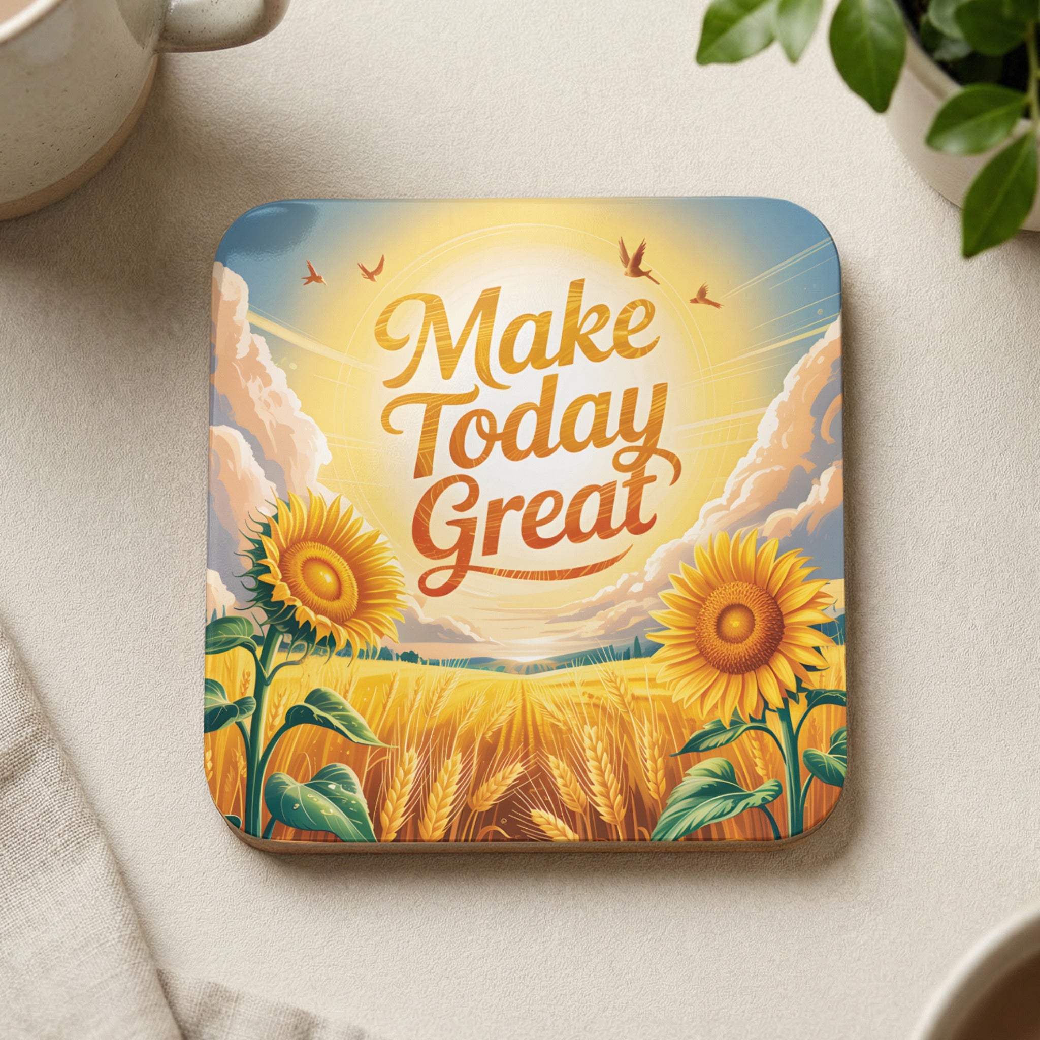 Sunflowers in a wheat field under a bright sun with the text "Make Today Great."