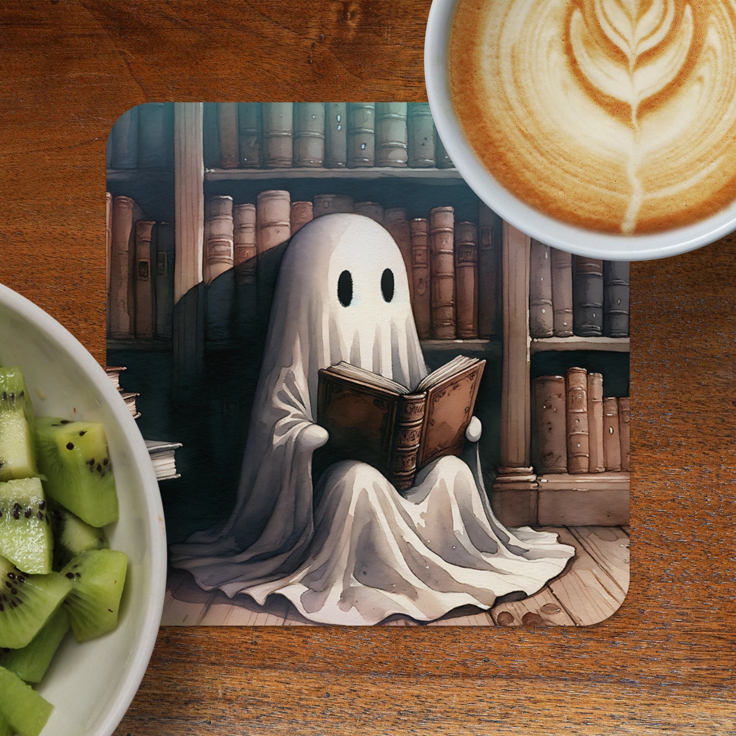 Ghost reading a book in a library with coffee and kiwi.