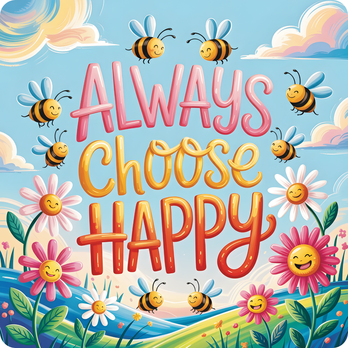 Bees and flowers surround "ALWAYS CHOOSE HAPPY" text in a colorful, whimsical scene.