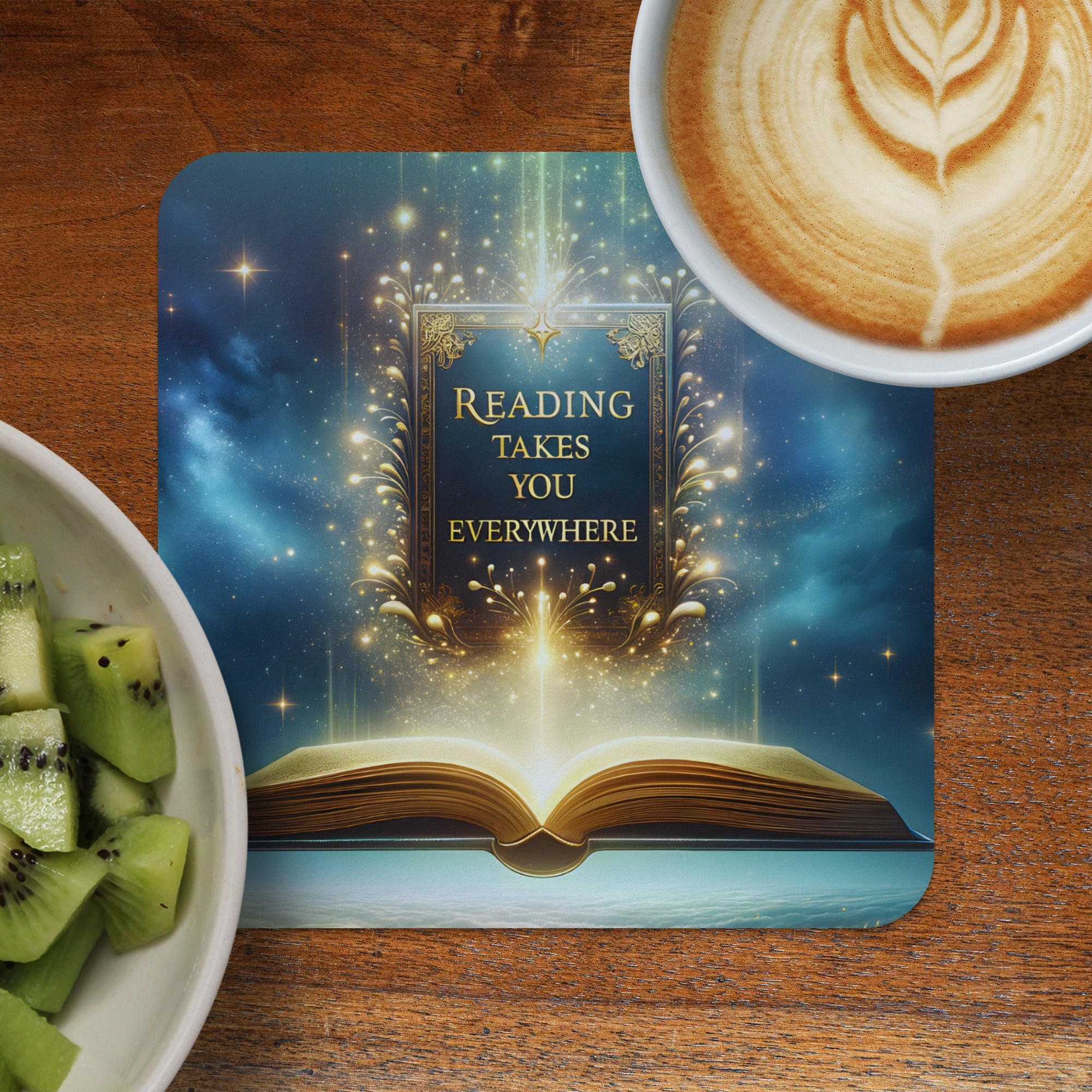 Open book with glowing pages, "Reading Takes You Everywhere" text, coffee and kiwi.