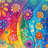 Rainbow-colored flowers bloom across a vibrant, swirling background.