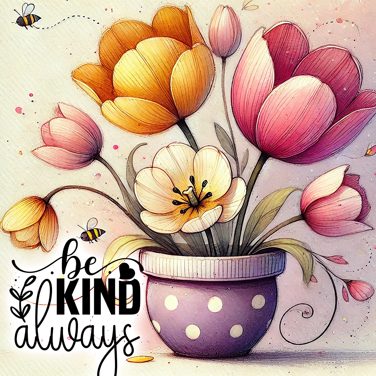 Potted tulips with "be kind always" text and small bees.