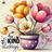 Potted tulips with "be kind always" text and small bees.