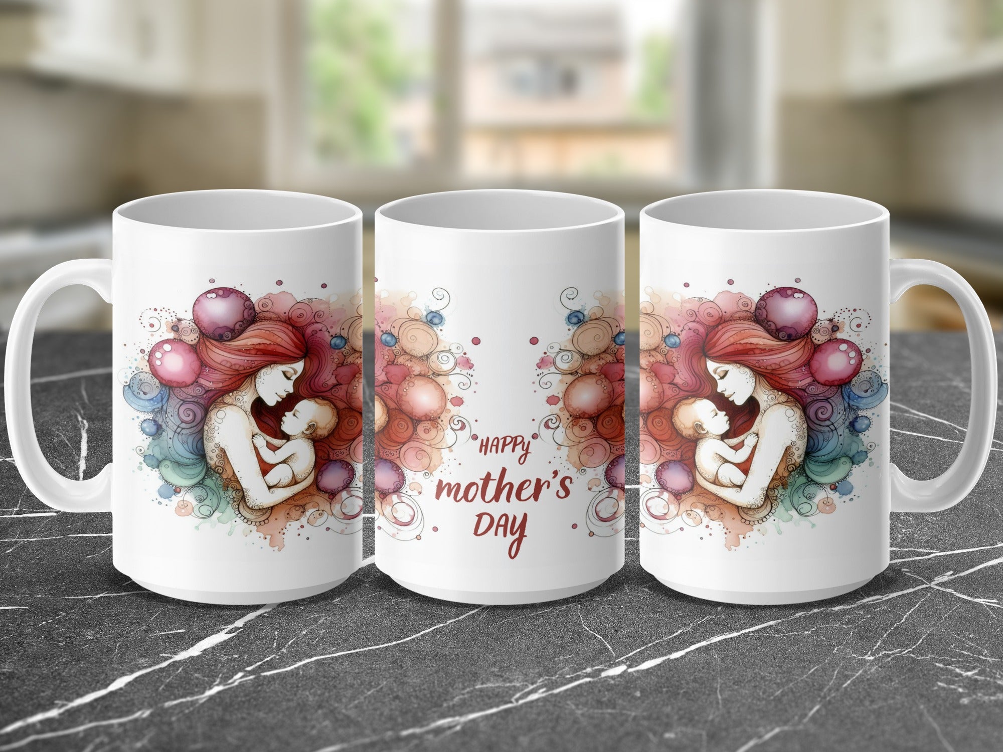 Mug with watercolor mother and baby artwork and "Happy Mother's Day" text.