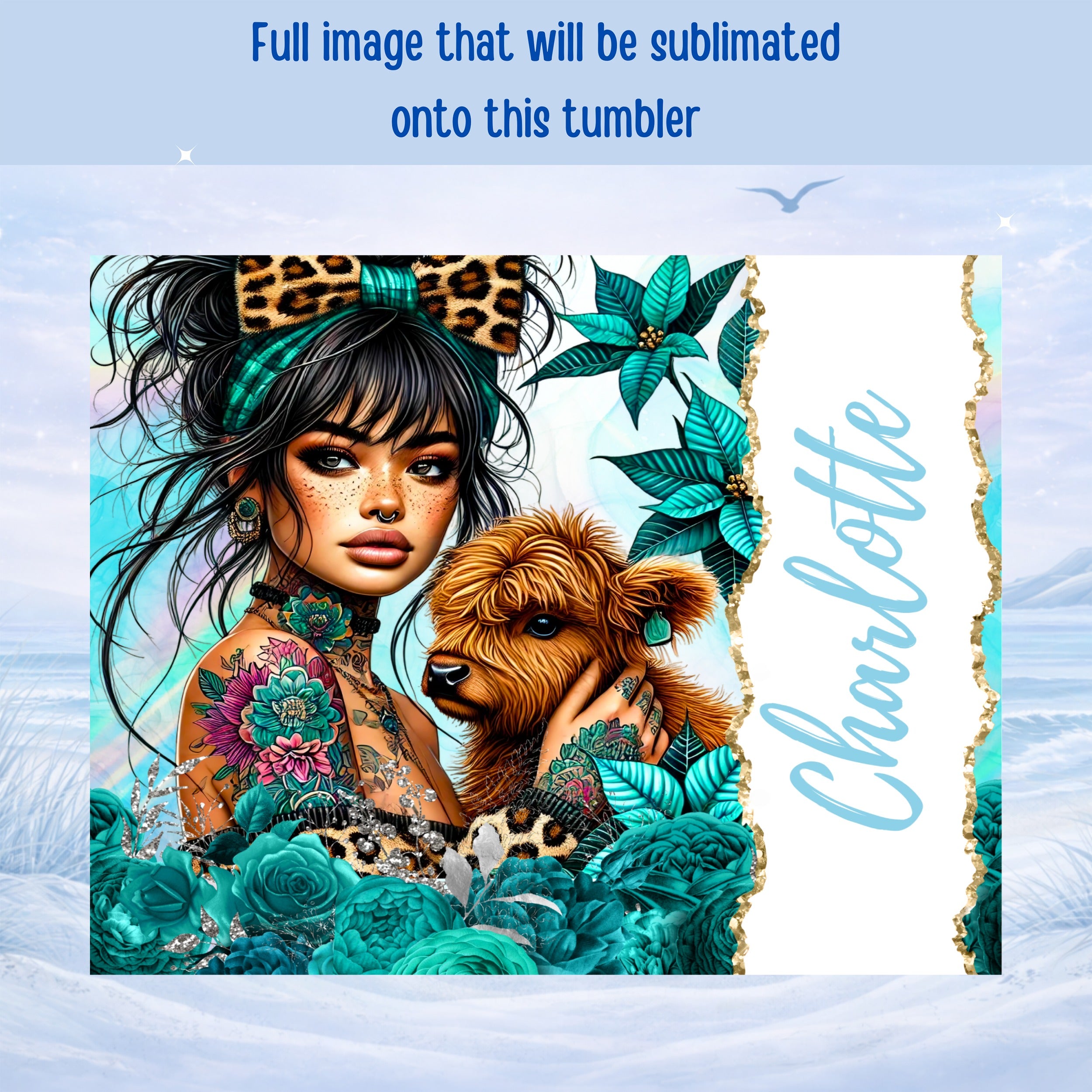 Woman with tattoos and cow, framed by teal flowers and snow.