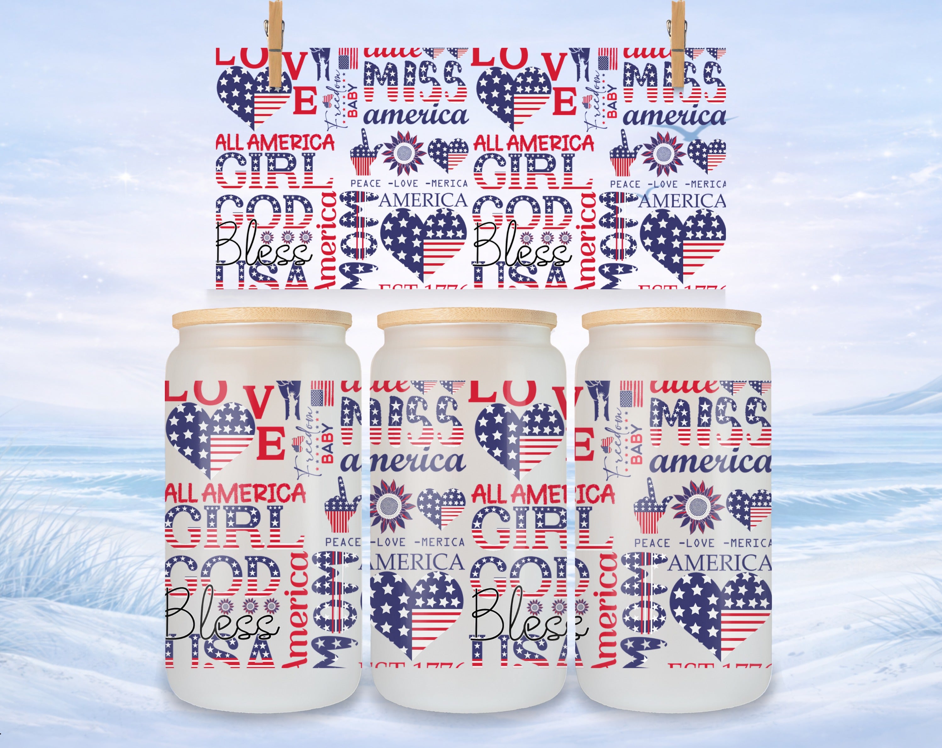 Three frosted glass tumblers with patriotic "All America" and "Bless America" designs.
