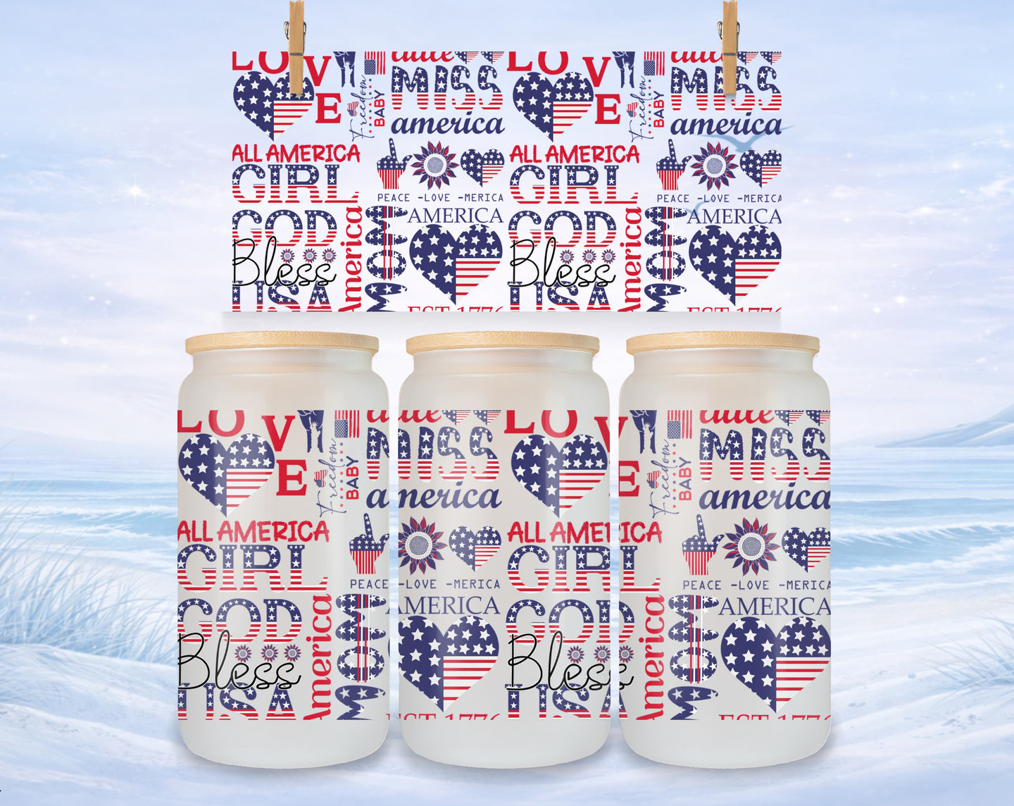 Three frosted glass tumblers with patriotic "All America" and "Bless America" designs.
