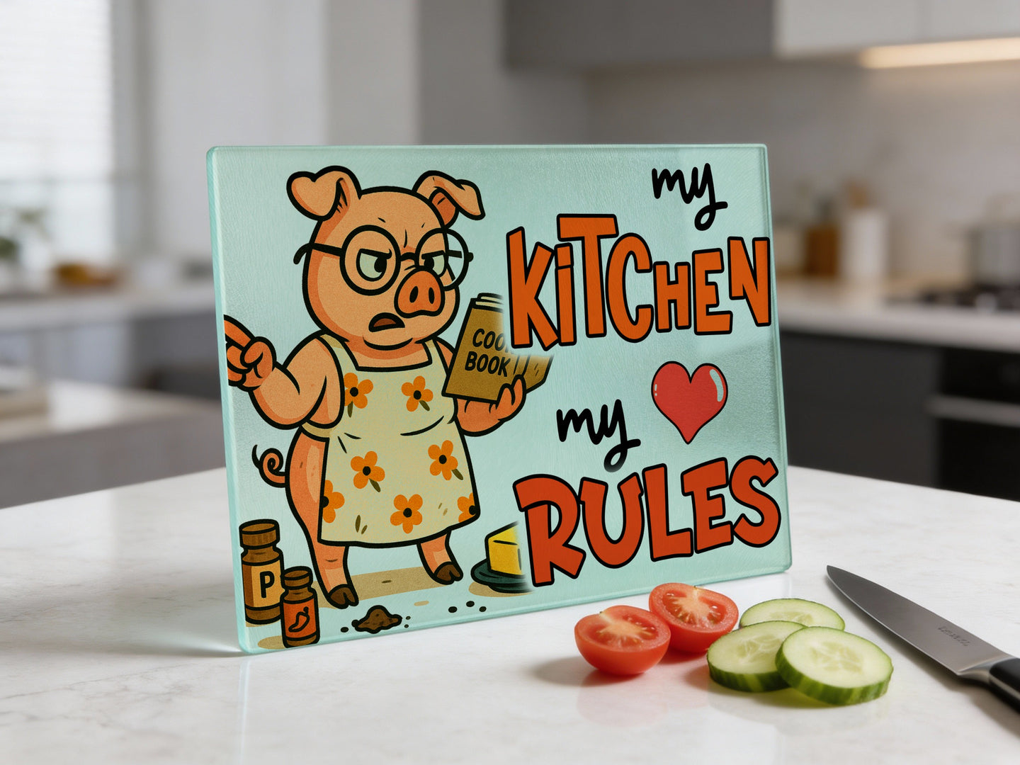 Cartoon pig in apron and glasses holding a cookbook, "My Kitchen My Rules" text.