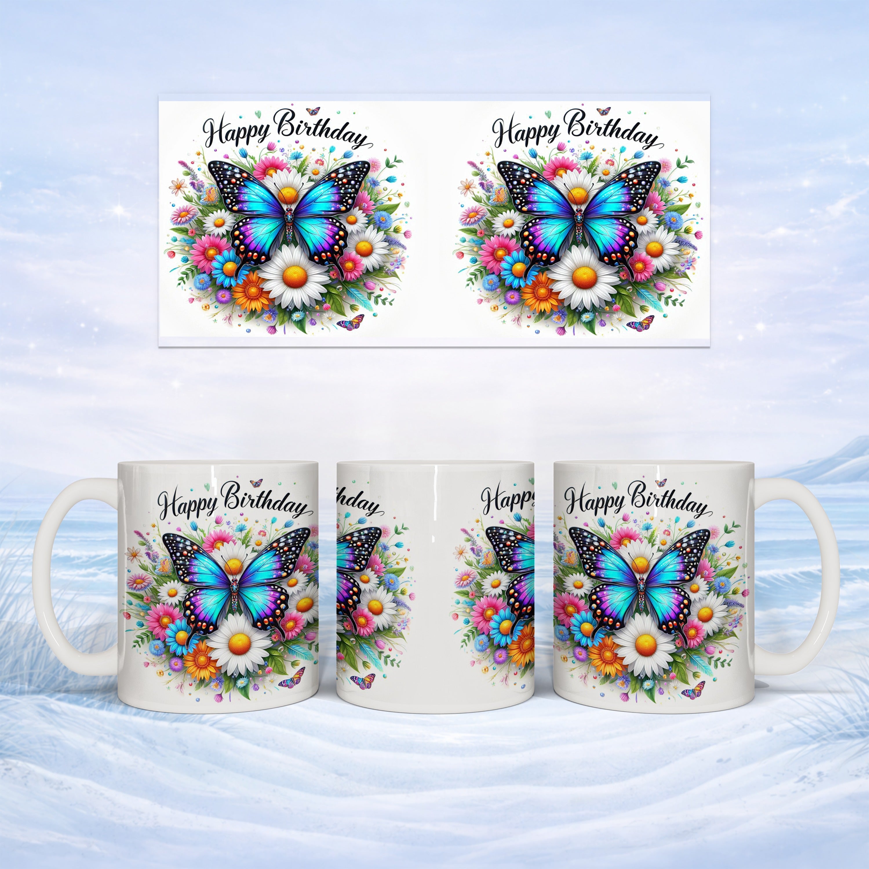 Happy Birthday mug with butterflies and flowers.