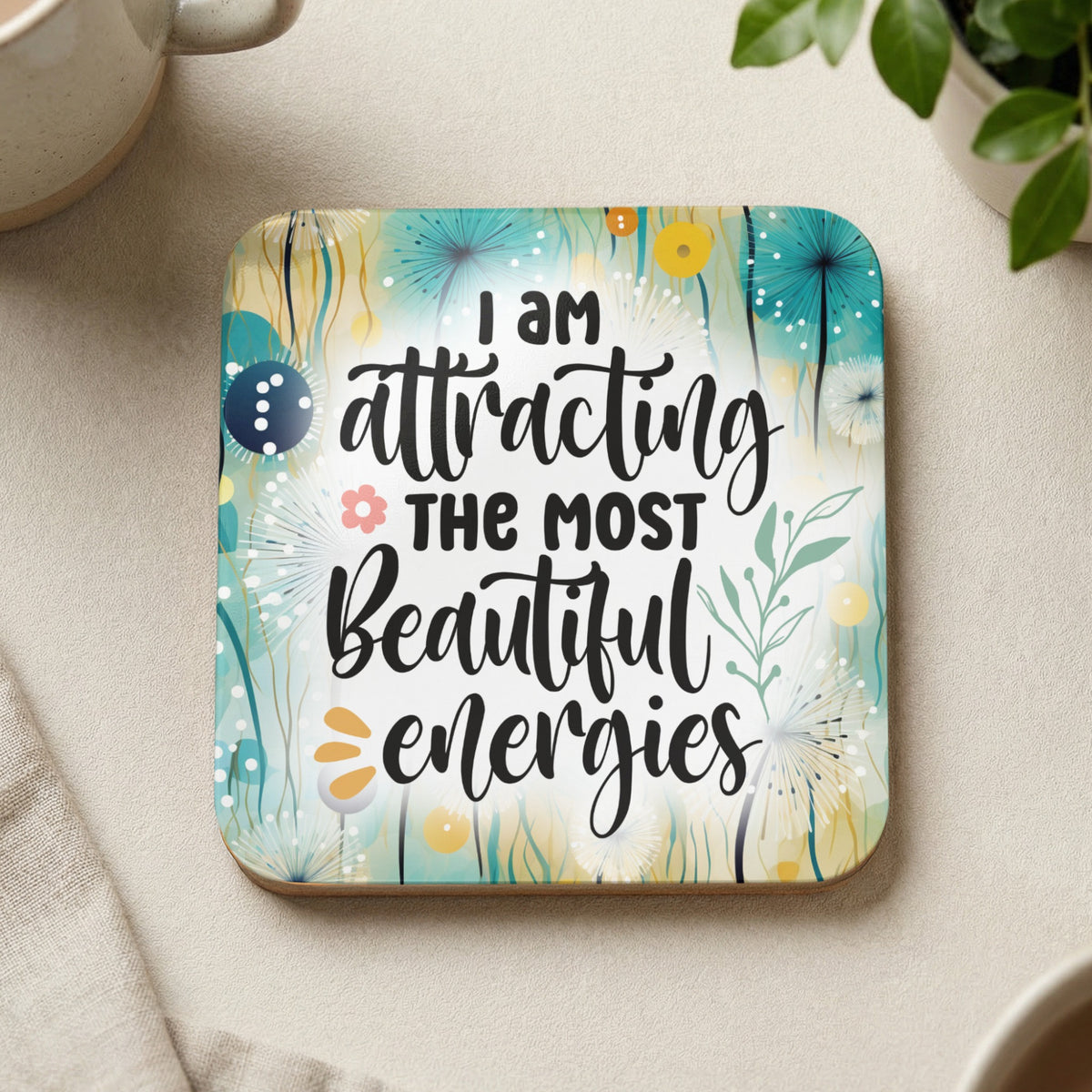 Coaster with text "I am attracting the most beautiful energies" and floral design.