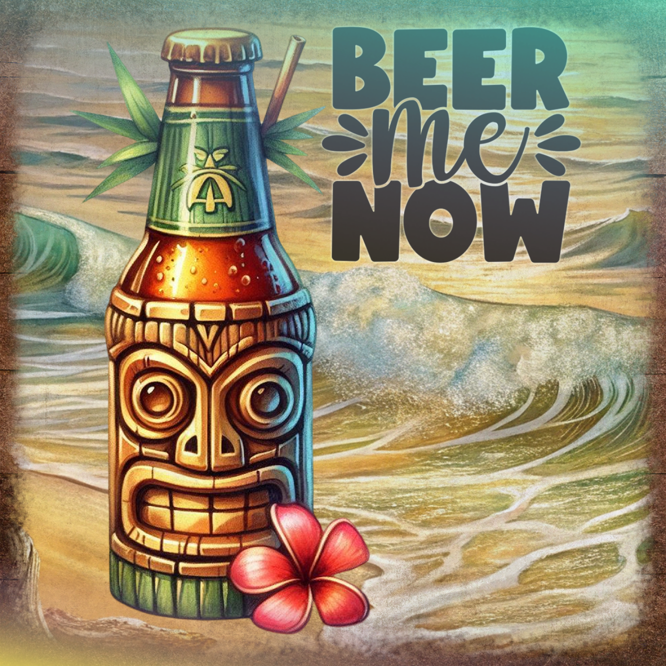 Tiki beer bottle with "Beer Me Now" text on a beach background.