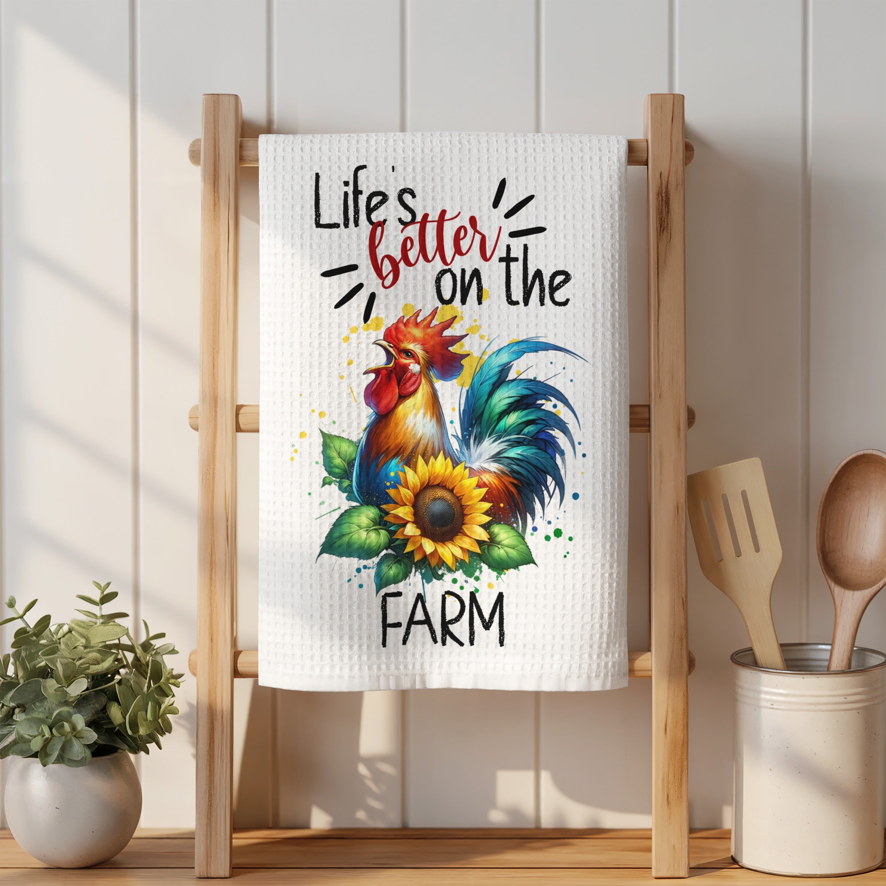 Farm-themed kitchen towel with rooster and sunflower graphic.