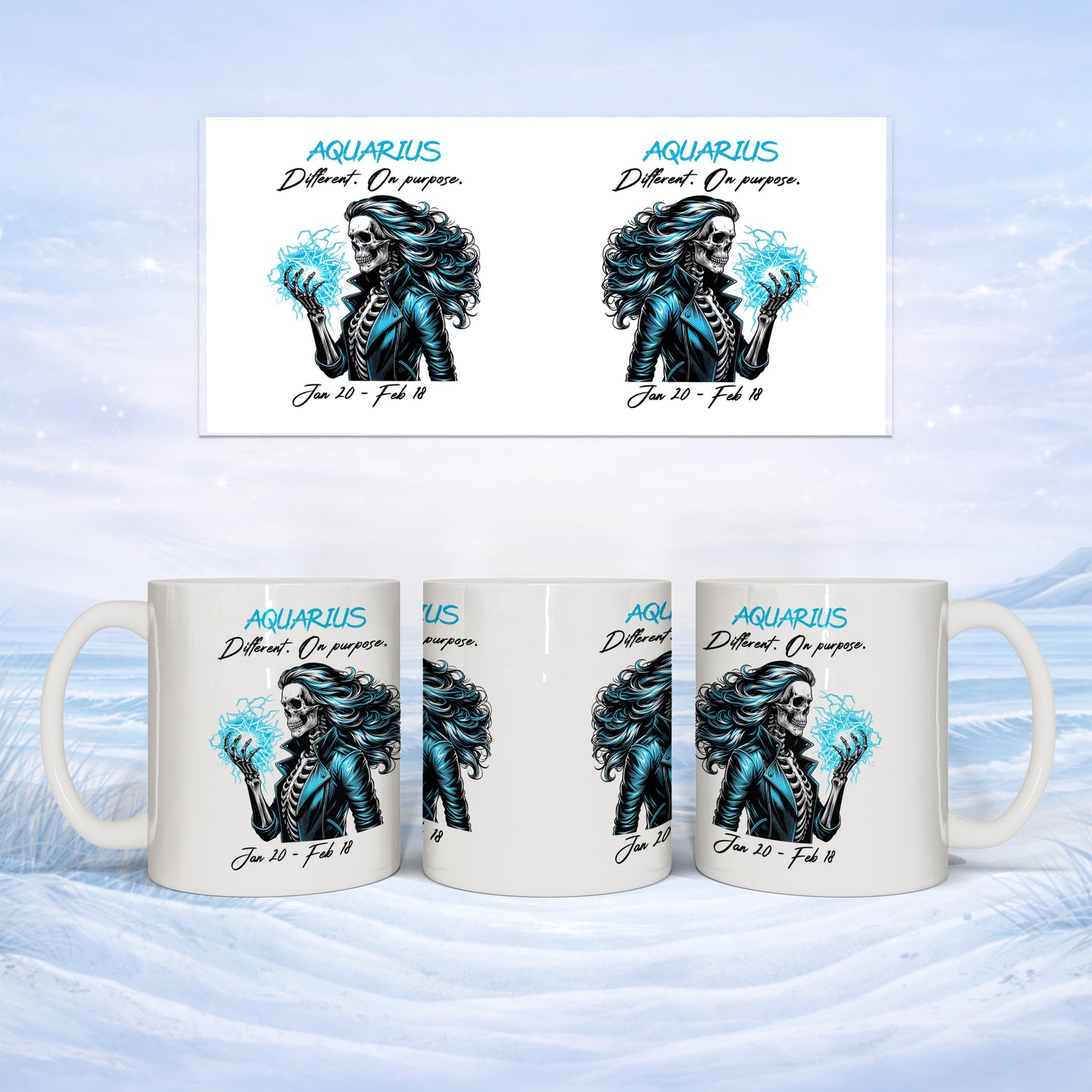 Mug featuring Aquarius zodiac design with skull holding glowing orb.