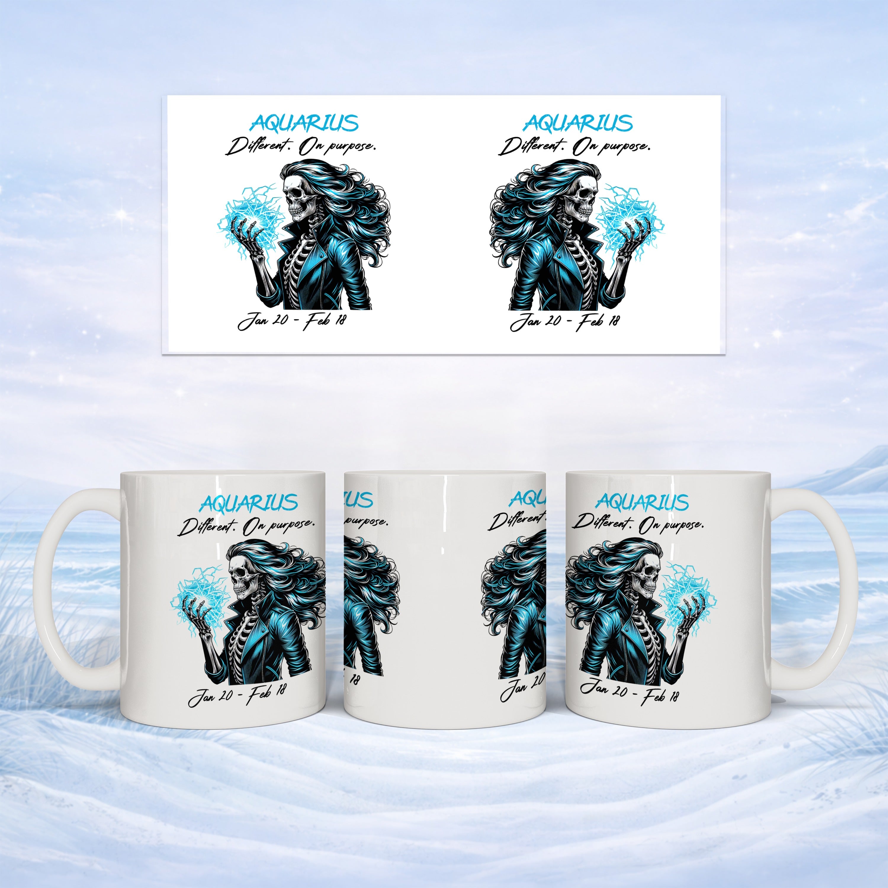 Mug featuring Aquarius zodiac design with skull holding glowing orb.