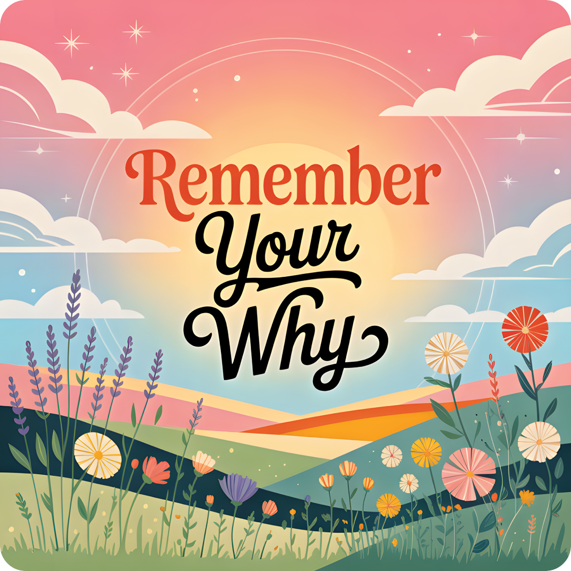 Remember Your Why text above a colorful landscape with flowers and sun.