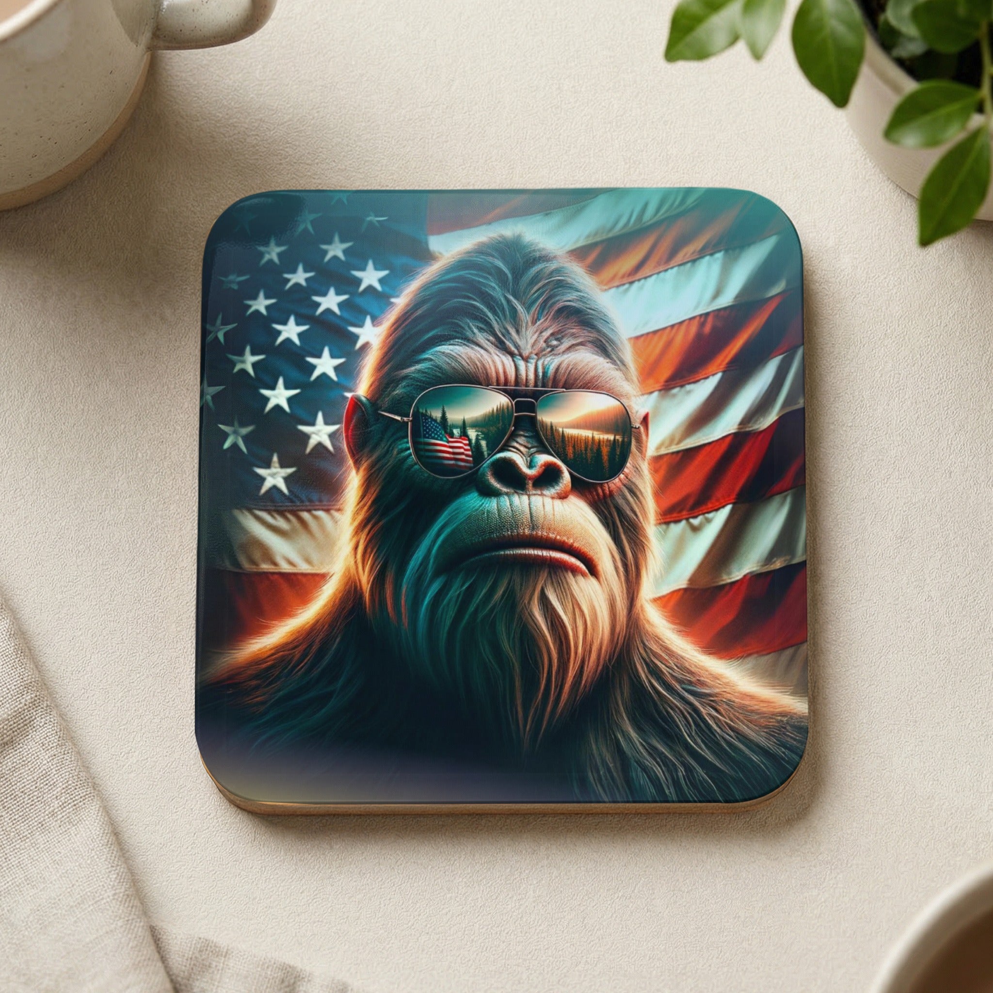 Bigfoot wearing sunglasses with American flag background.