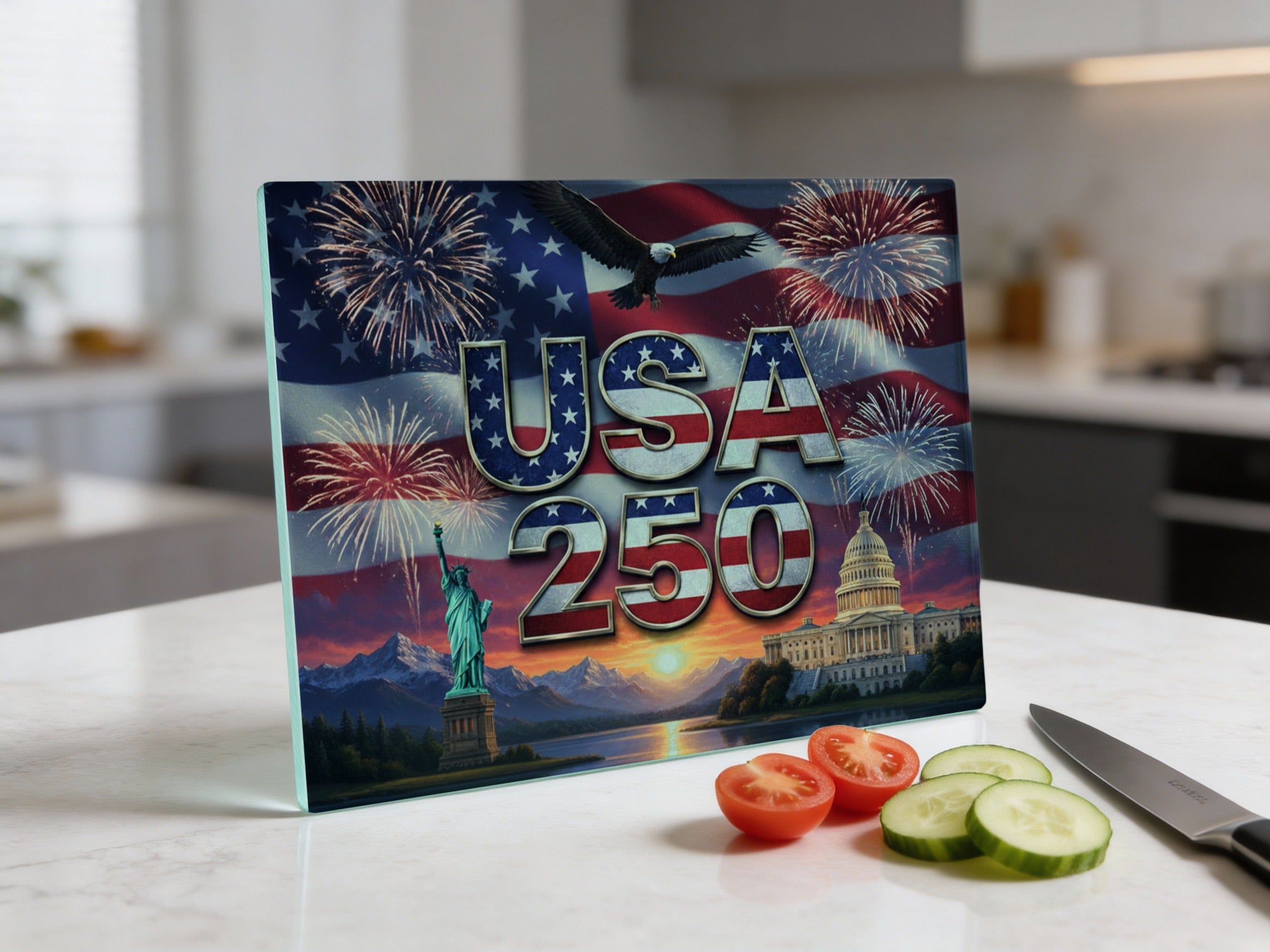 USA 250 patriotic design with fireworks, eagle, and national landmarks.