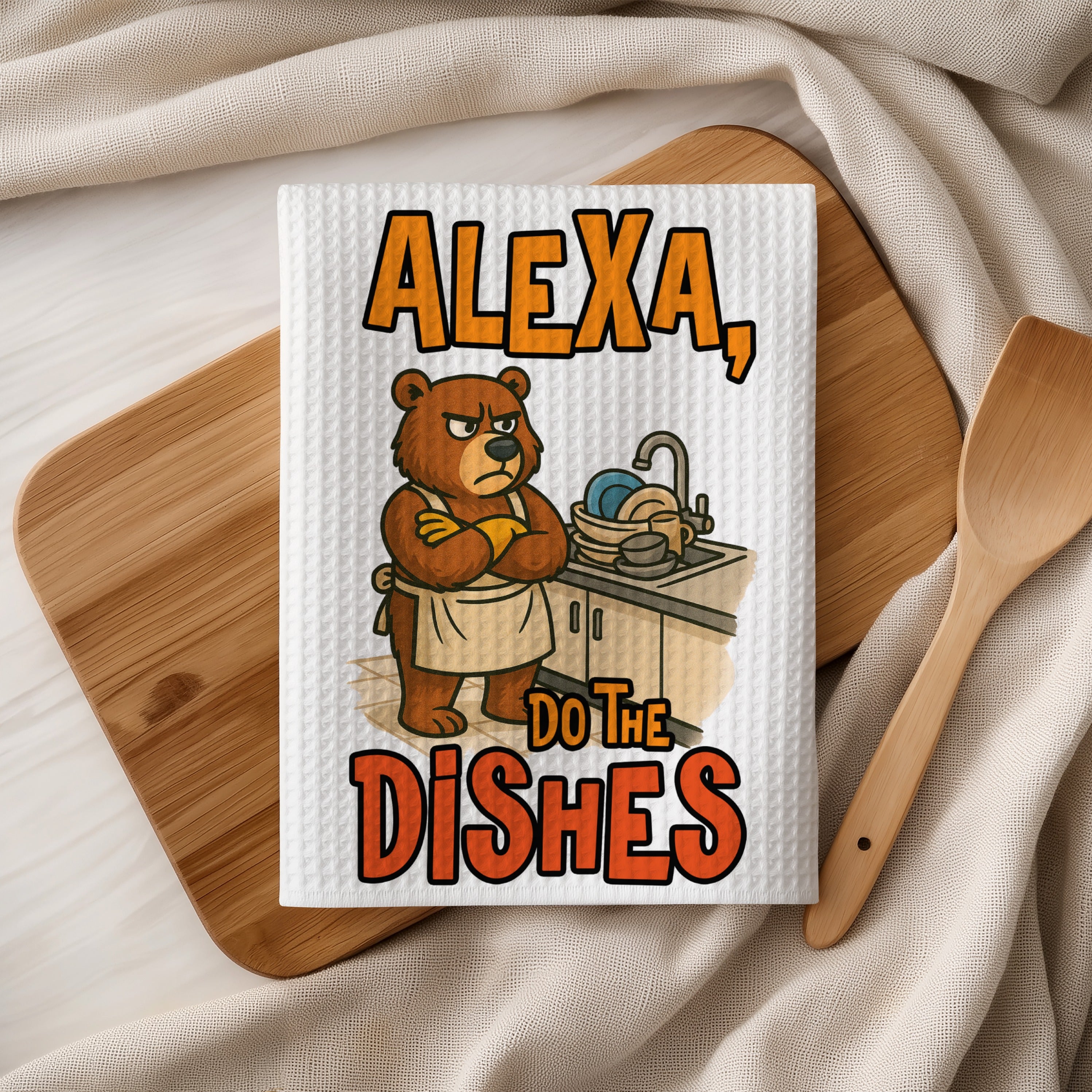 Grumpy bear in apron next to sink with text "ALEXA, DO THE DISHES".