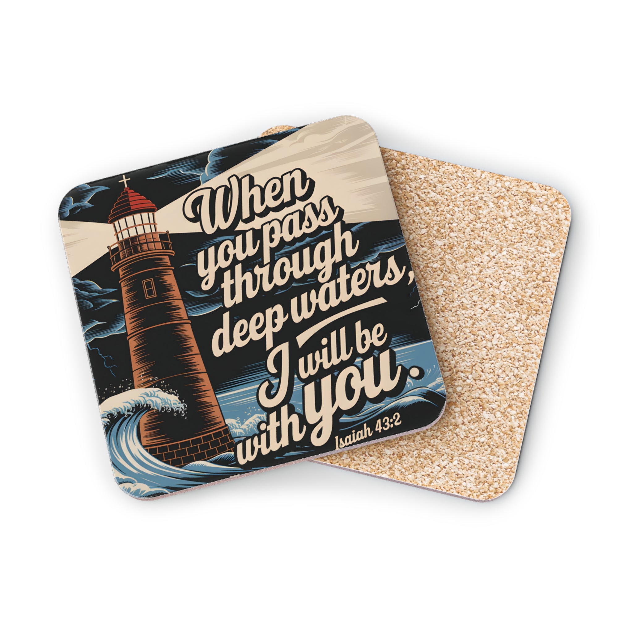Lighthouse and waves on a coaster with inspirational text from Isaiah 43:2.