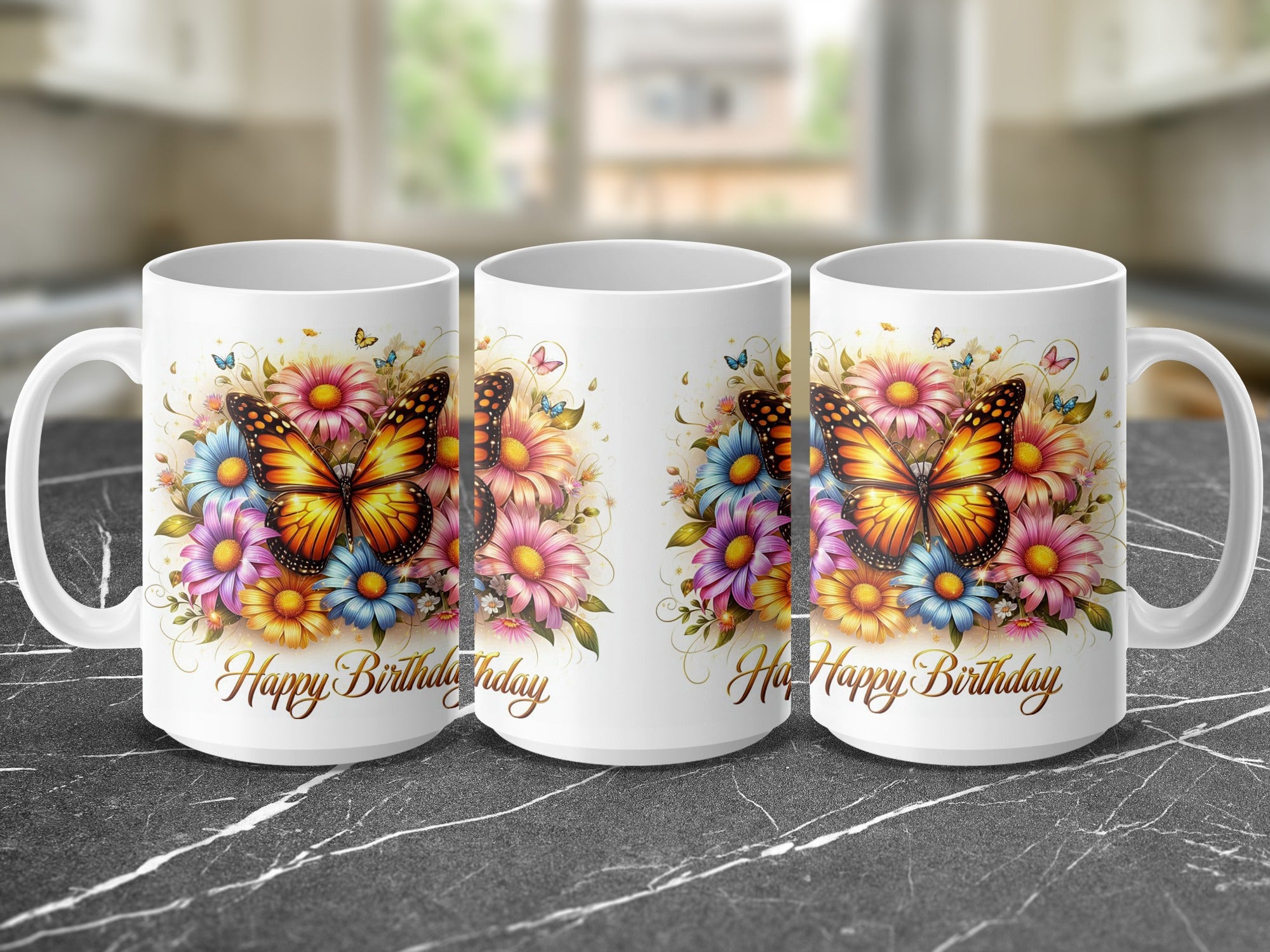 White mug with butterfly and flower illustration, "Happy Birthday" text.