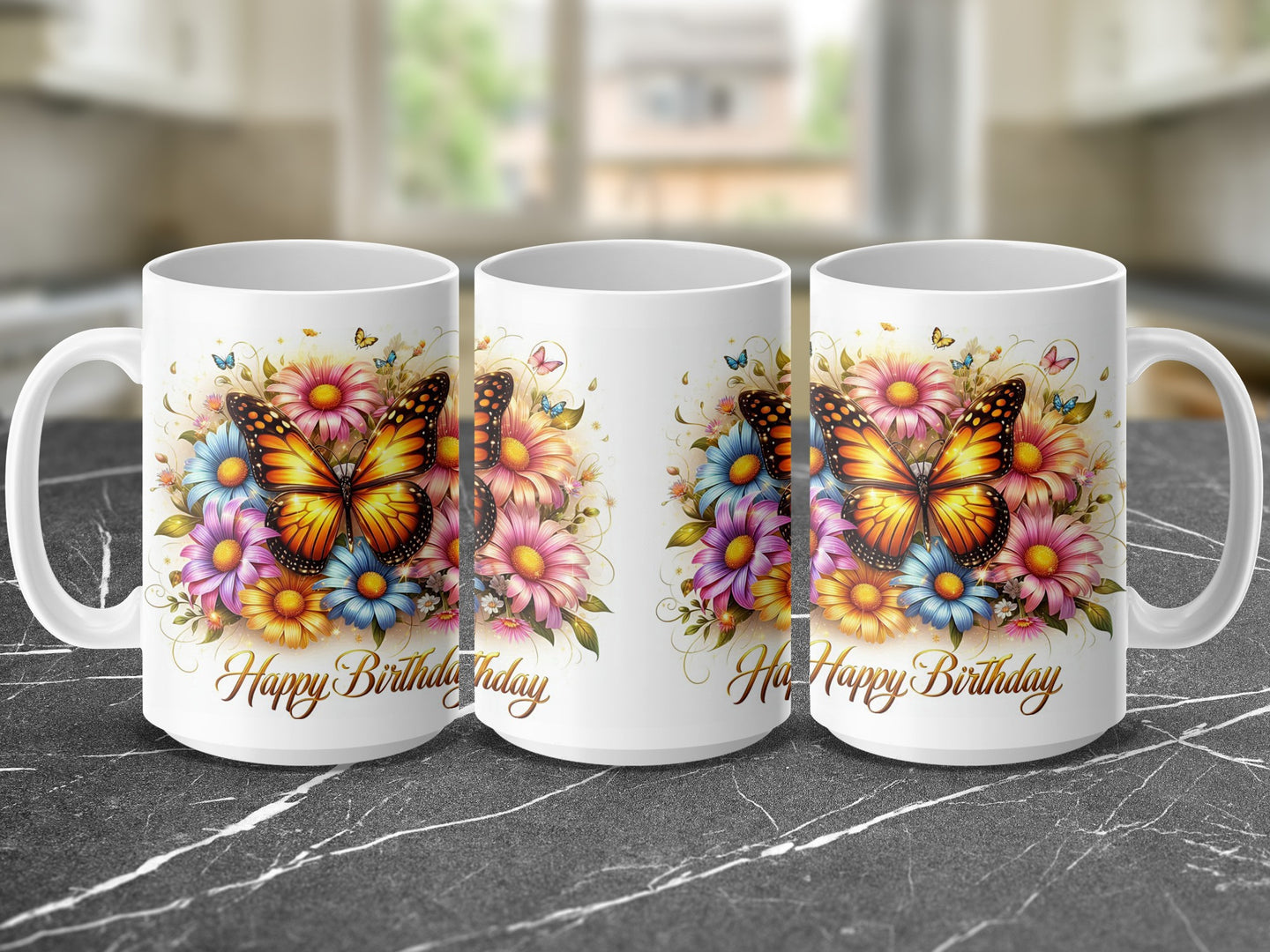 White mug with butterfly and flower illustration, "Happy Birthday" text.