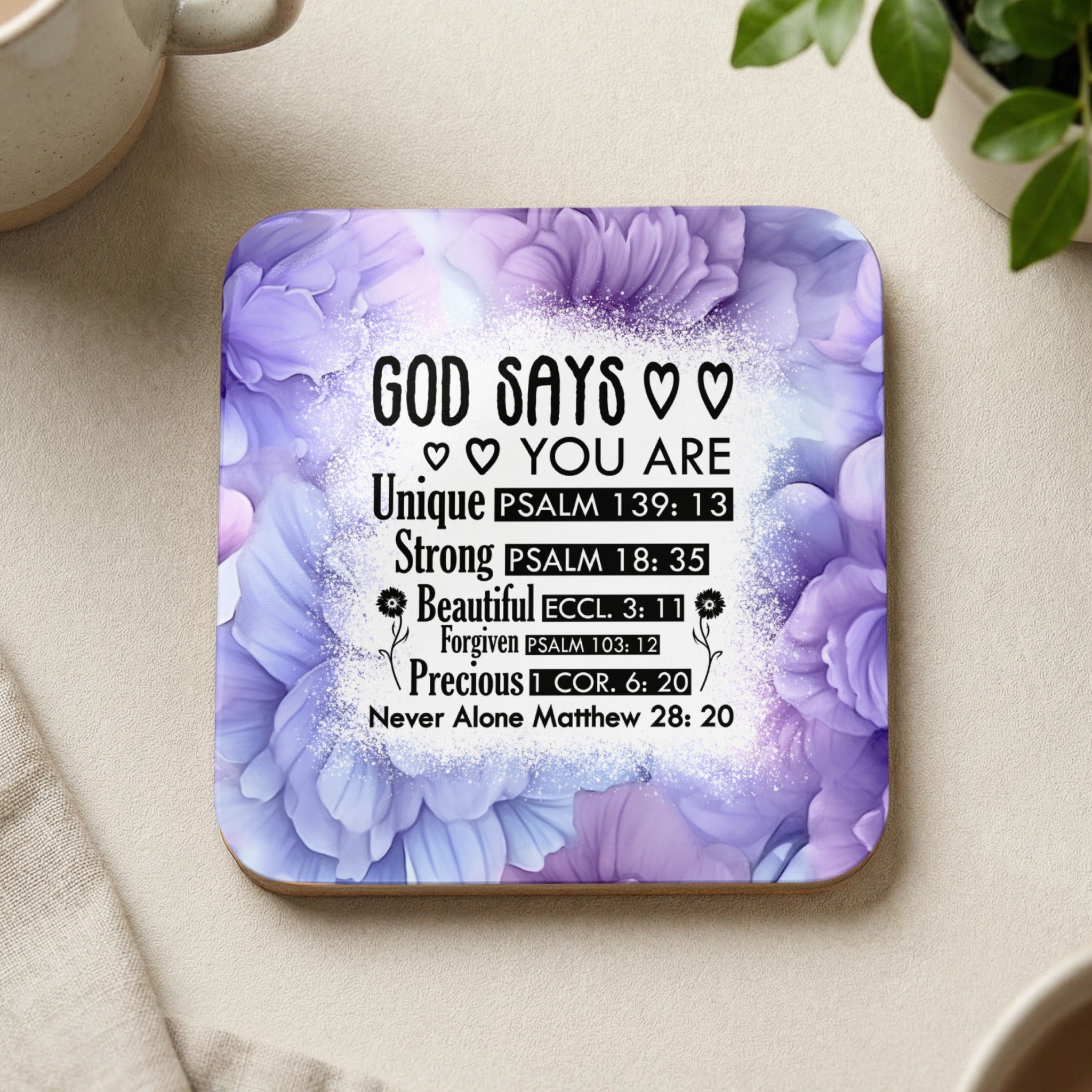 Coaster with floral design and Bible verses about God's love and promises.