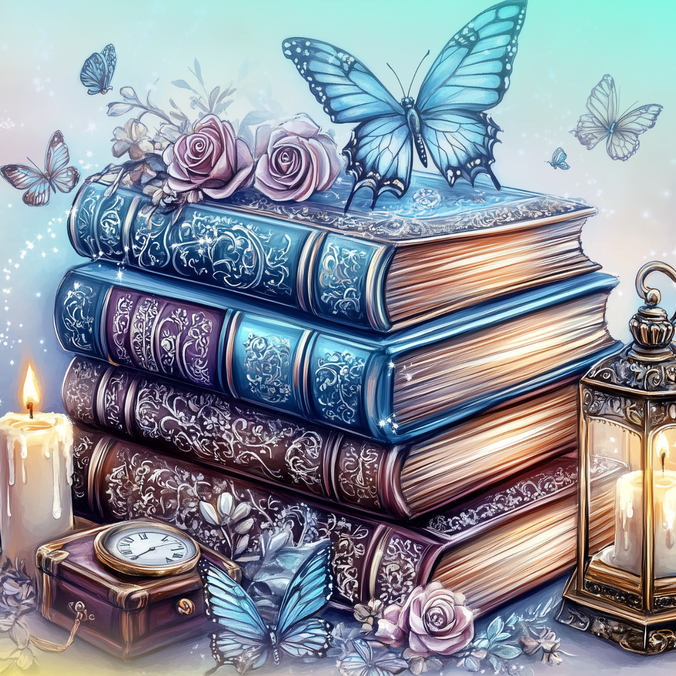 Stack of ornate antique books with butterflies and candles.