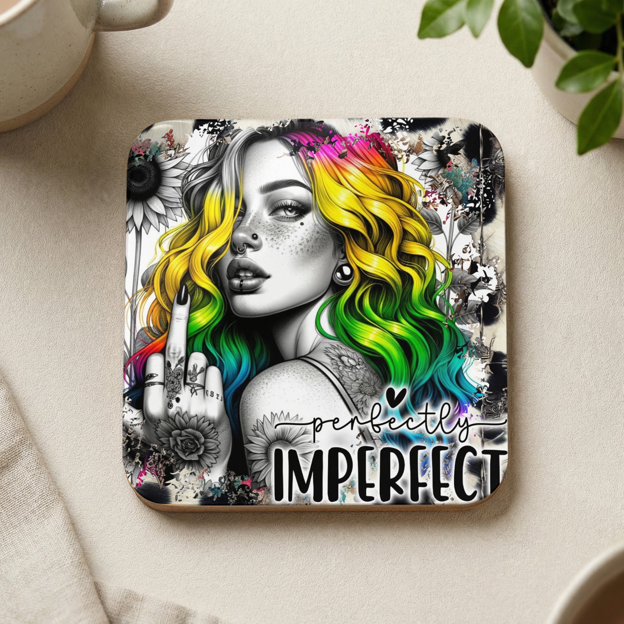 Woman with rainbow hair giving middle finger, "perfectly IMPERFECT" text.