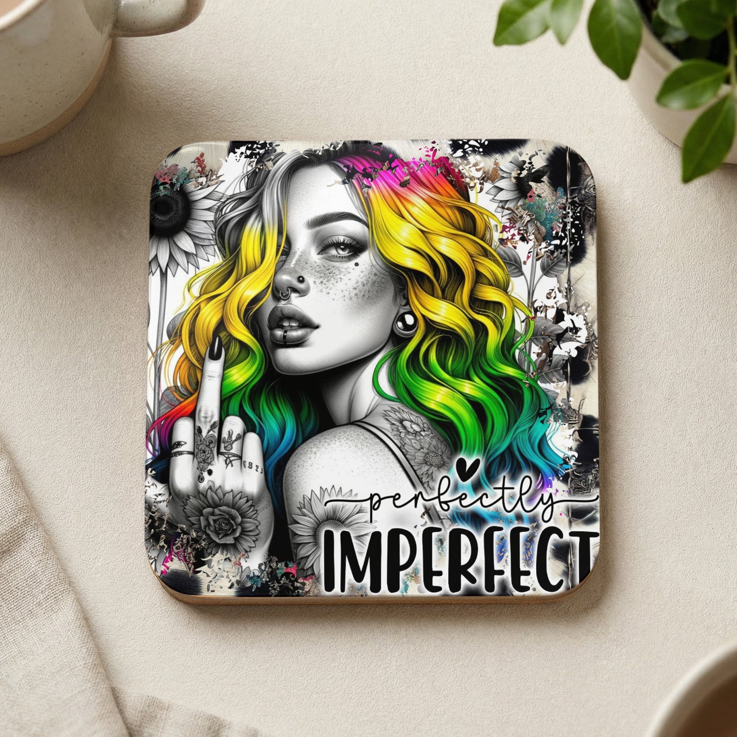 Woman with rainbow hair giving middle finger, "perfectly IMPERFECT" text.