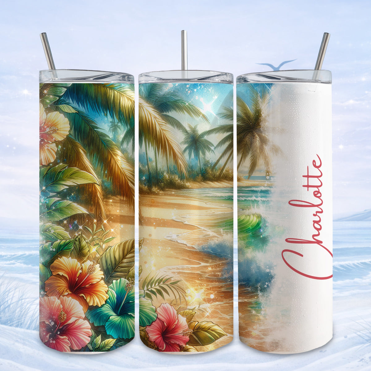 Tropical beach scene with hibiscus flowers on a personalized stainless steel tumbler.