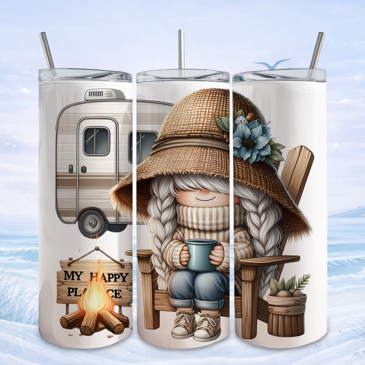 Gnome in hat with mug sits by campfire with camper.